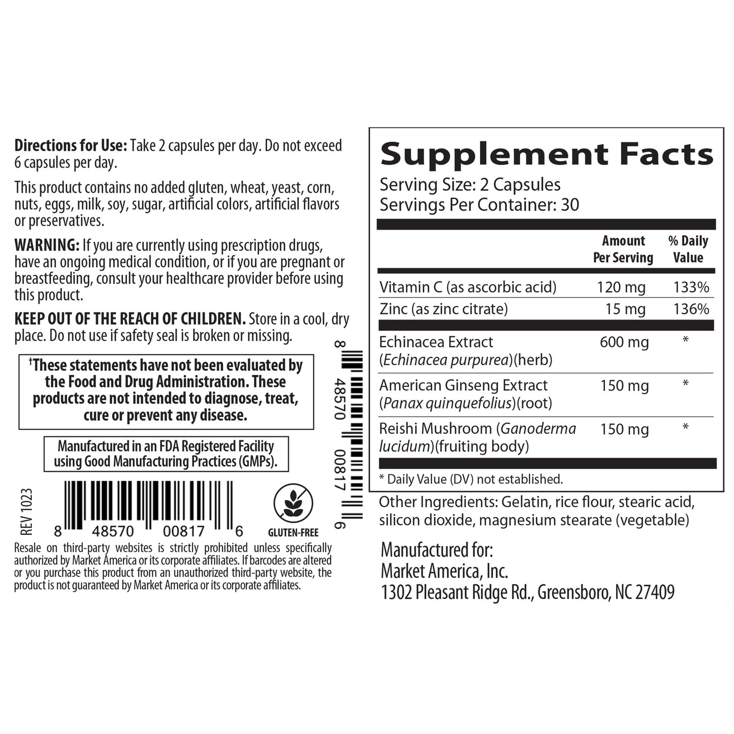 Market America Shopping Annuity Premium Immune + Formula Daily Immune Support Supplement with Reishi Mushroom, Echinacea, American Ginseng, Vitamin C & Zinc – Stress Response & Energy Support – 30 Capsules