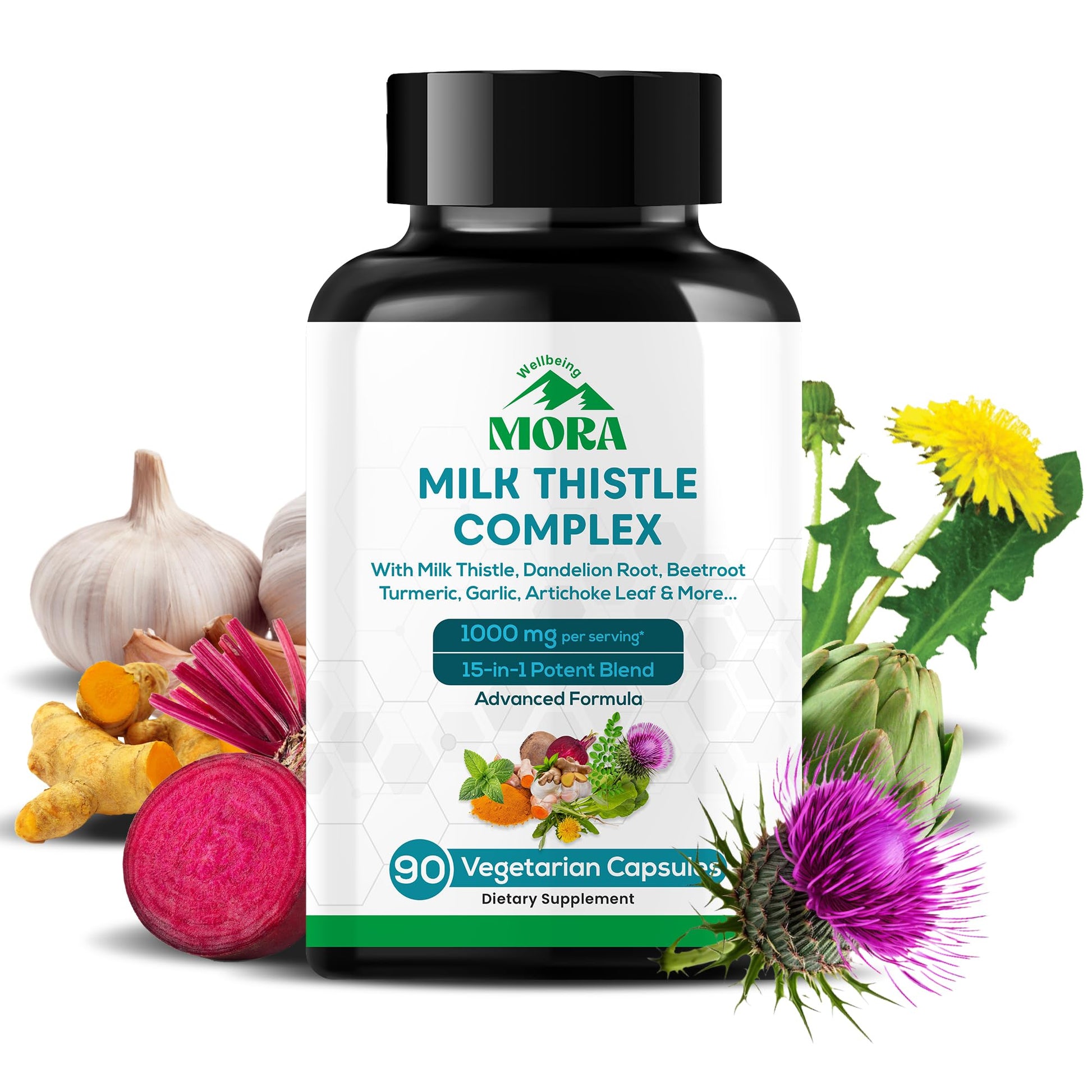 MORA Milk Thistle Complex 1000mg Capsules, 15-in-1 Liver Support with 80% Silymarin, Dandelion Root, Turmeric & Artichoke Extract, Liver Health & Digestion Support, 90 Vegan Capsules