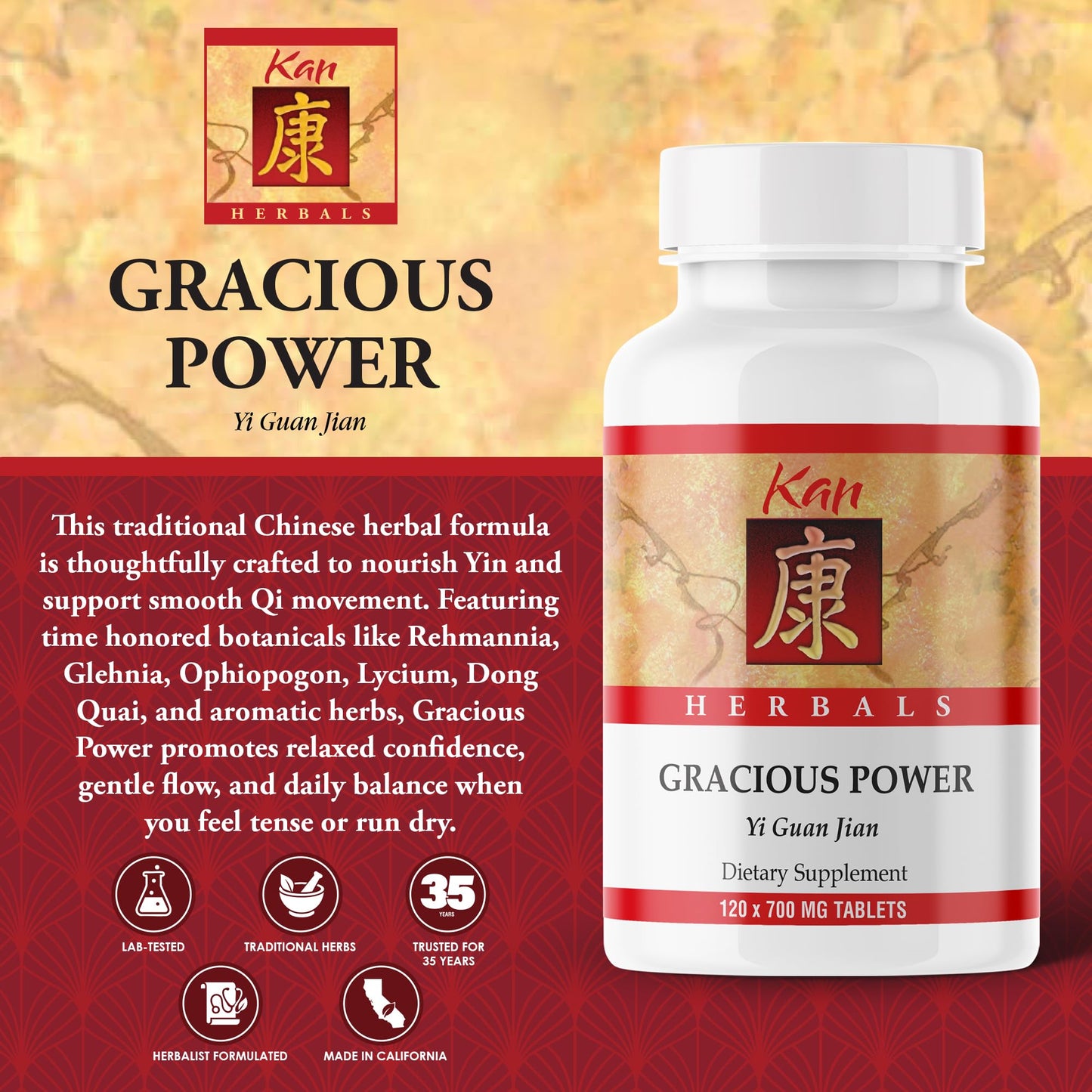 Kan Herbals Gracious Power Traditional Chinese Herbal Formula with Rehmannia and Dong Quai to Nourish Yin, Support Relaxed Mood, and Promote Smooth Qi Flow for Daily Balance, 120 Tablets