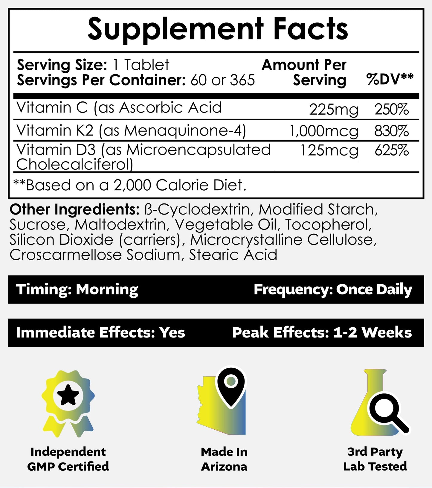 Nootropics Depot Vitamin D3 + K2 with Vitamin C Tablets, 60 Count