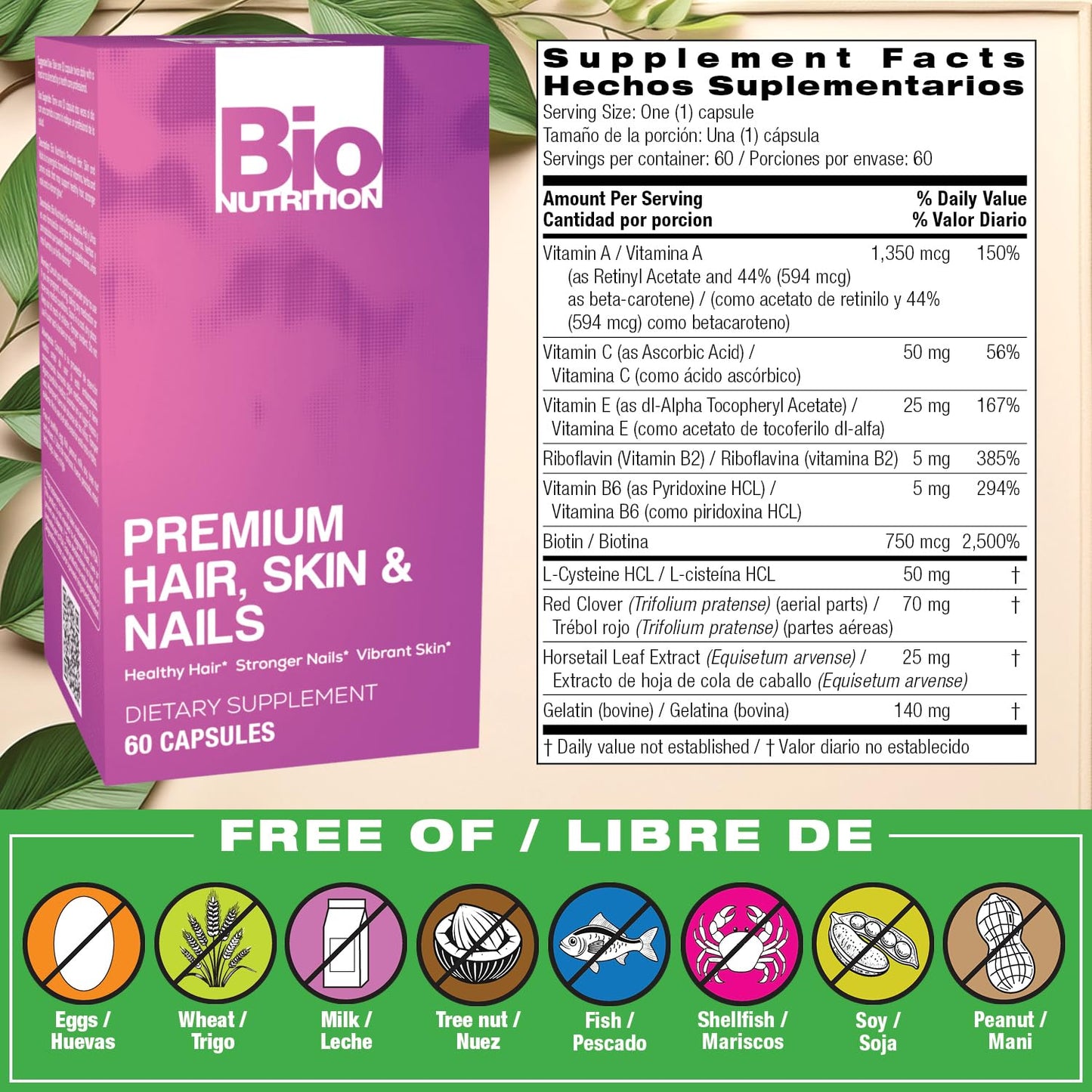 Bio Nutrition Premium Hair, Skin & Nails, 60 Capsules