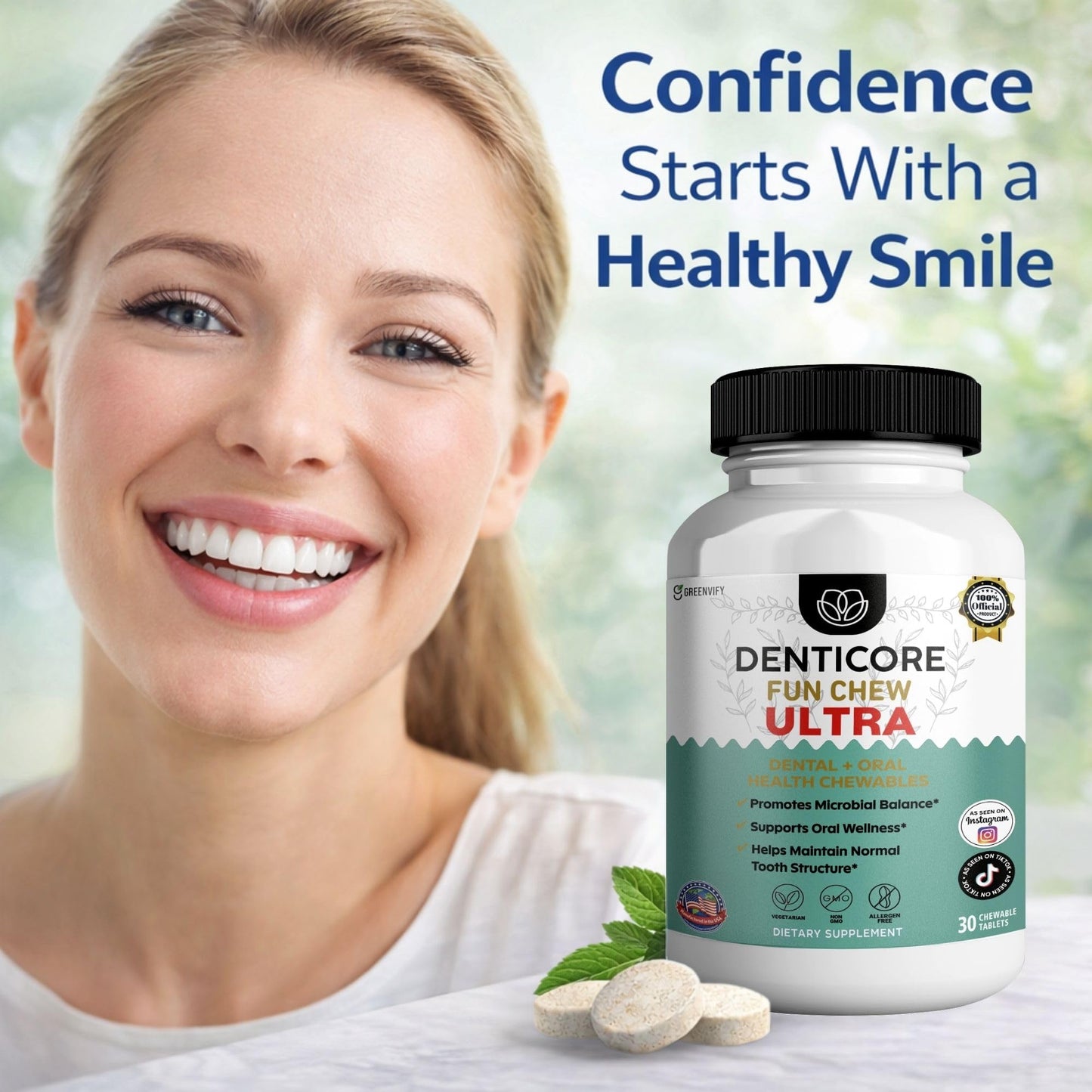 GREENVIFY Denticore Fun Chew Ultra Dental Support Blend 3 Strain Probiotic Chewable Tablets, 30 Count