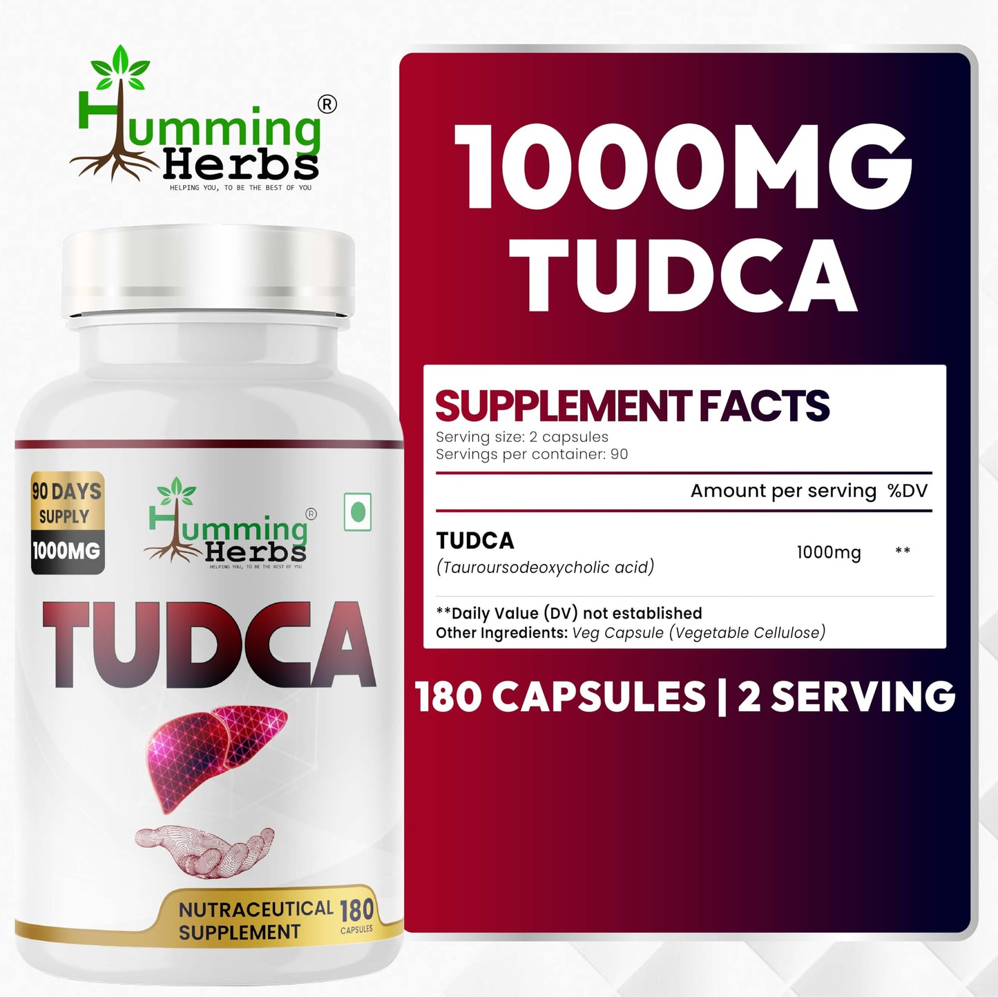 Humming Herbs TUDCA Supplement 1000mg 180 Capsules