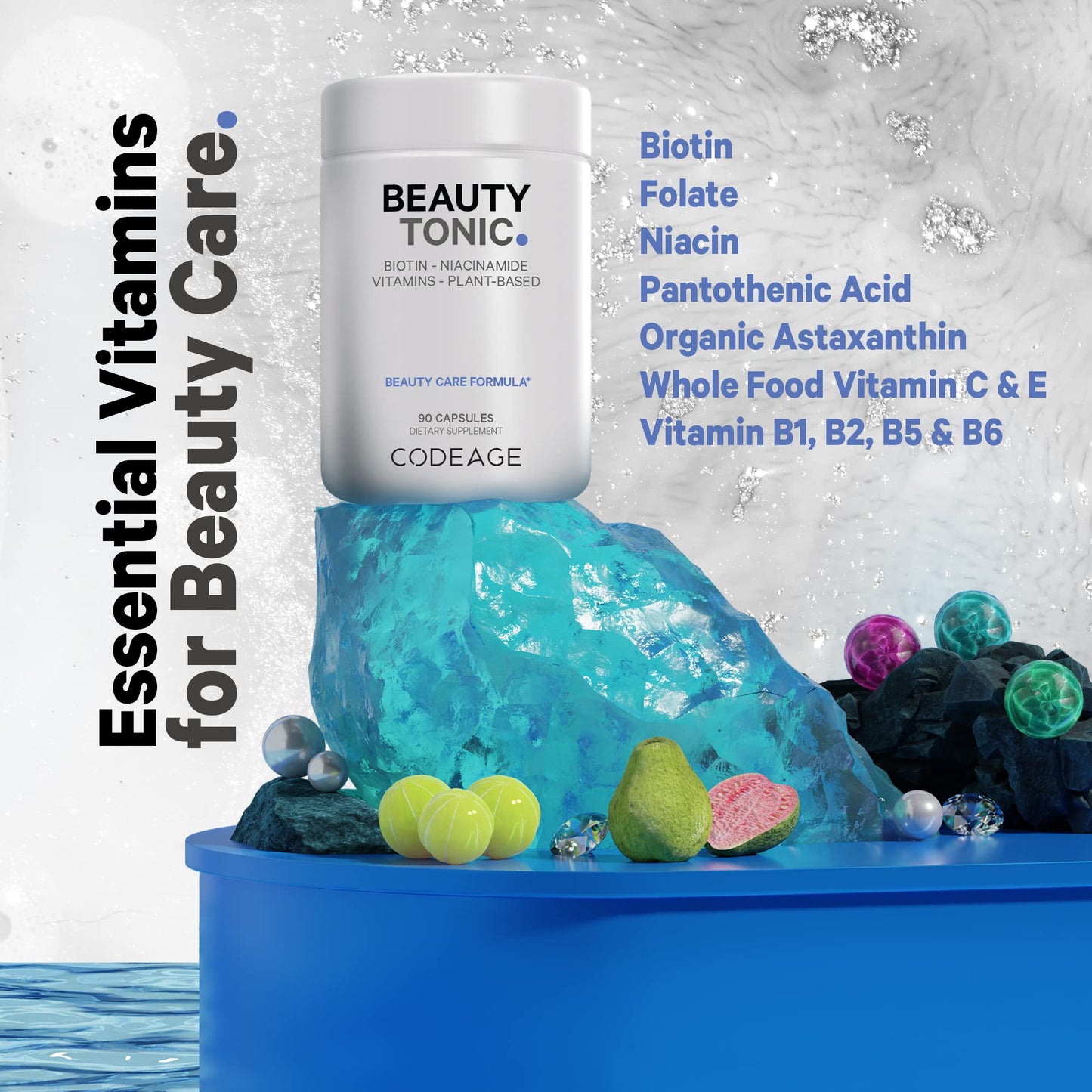 Codeage Biotin Capsule - Beauty Tonic with Vitamin C, Vitamin E, Vitamin B6, Niacin, Folate, Organic Food Blend, Phytoceramides, Astaxanthin, Selenium - Vegan Hair, Skin, and Nail Support, 90 Count