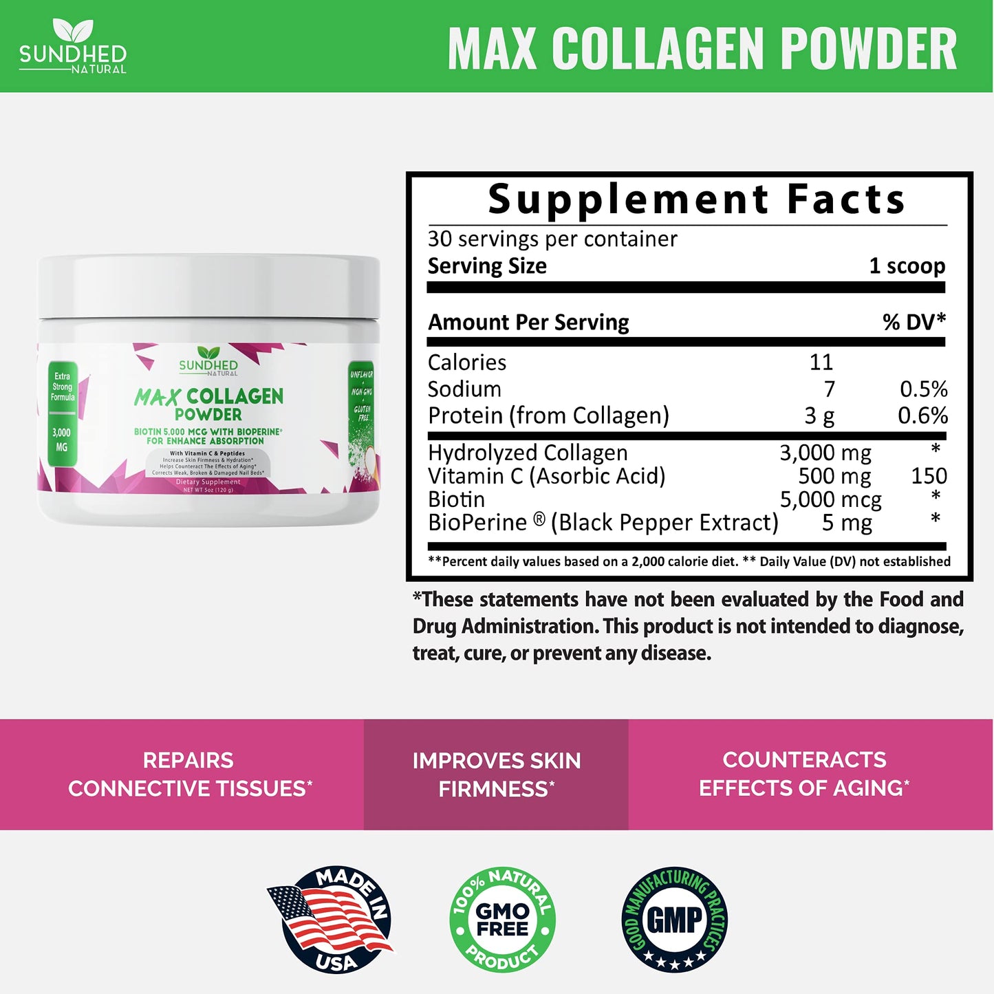 Sundhed Natural Max Collagen Plus C Powder, 5 oz