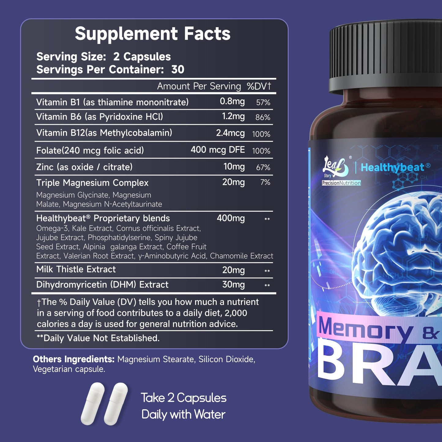 LeafStory Nootropic Brain Supplements for Memory and Focus, Cognitive Function for Mental Health & Clarity, Vitamin B6 B12, Folate & Dihydromyricetin, 60 Capsules