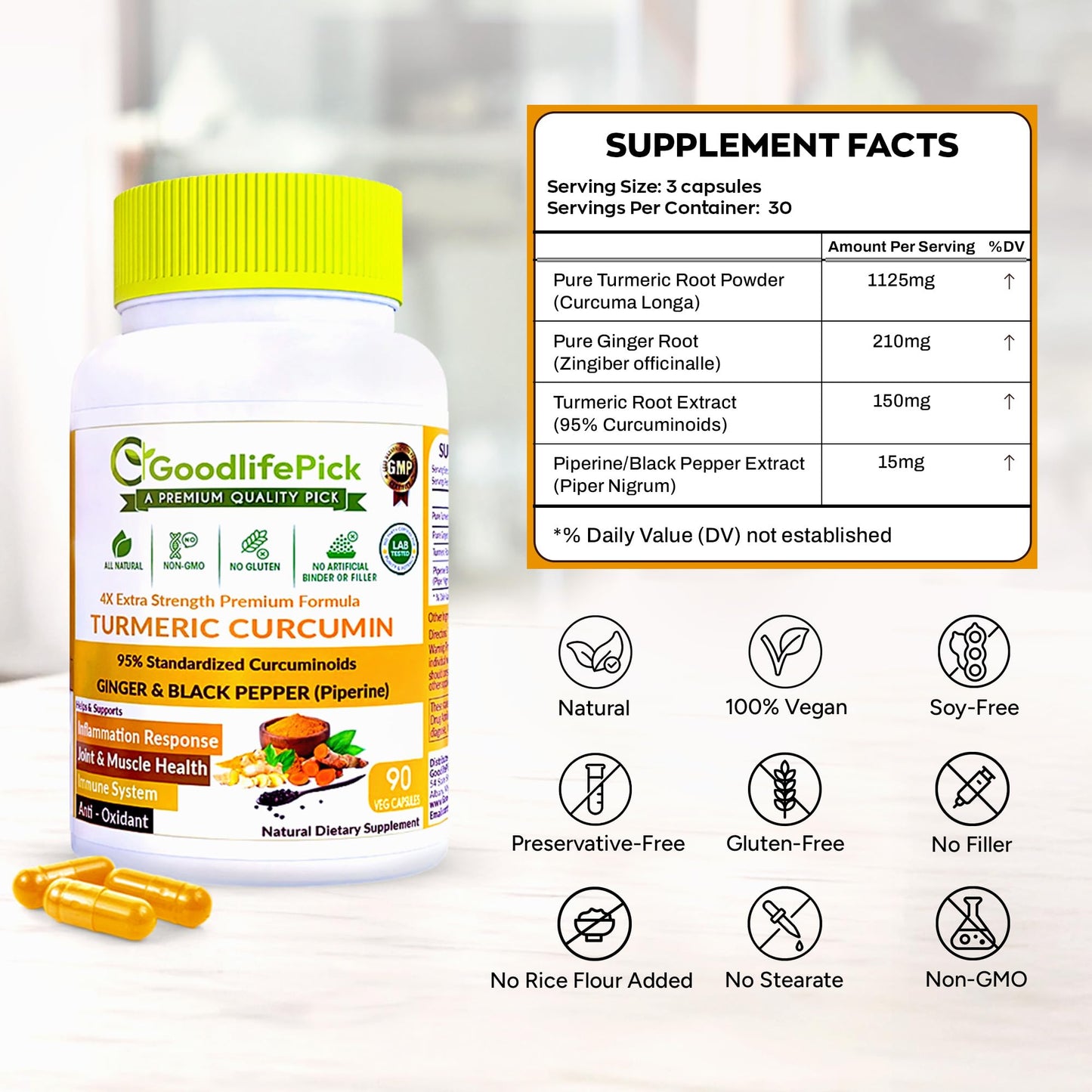 GoodlifePick Premium Turmeric Curcumin with Ginger Capsules, 180 Capsules