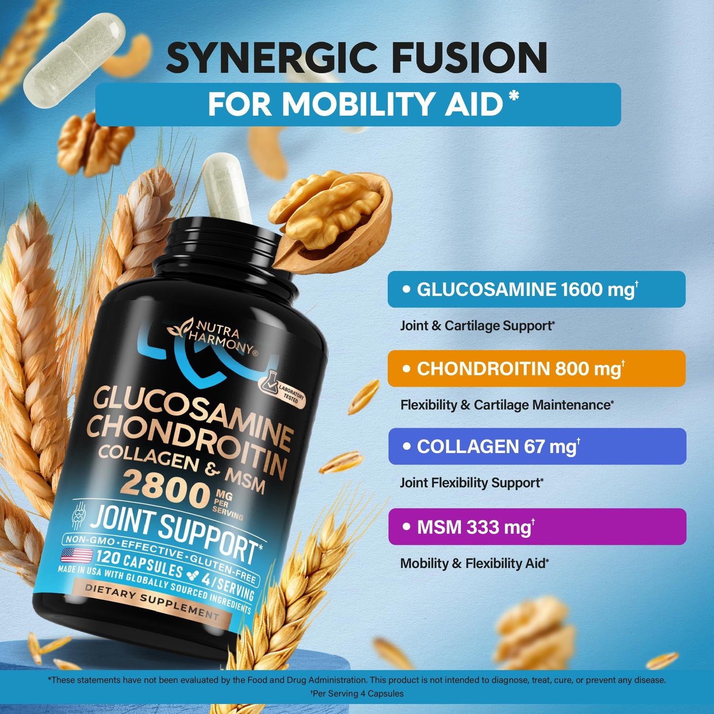 NUTRAHARMONY Glucosamine Chondroitin MSM Collagen Joint Supplements 2800 mg 120 Capsules