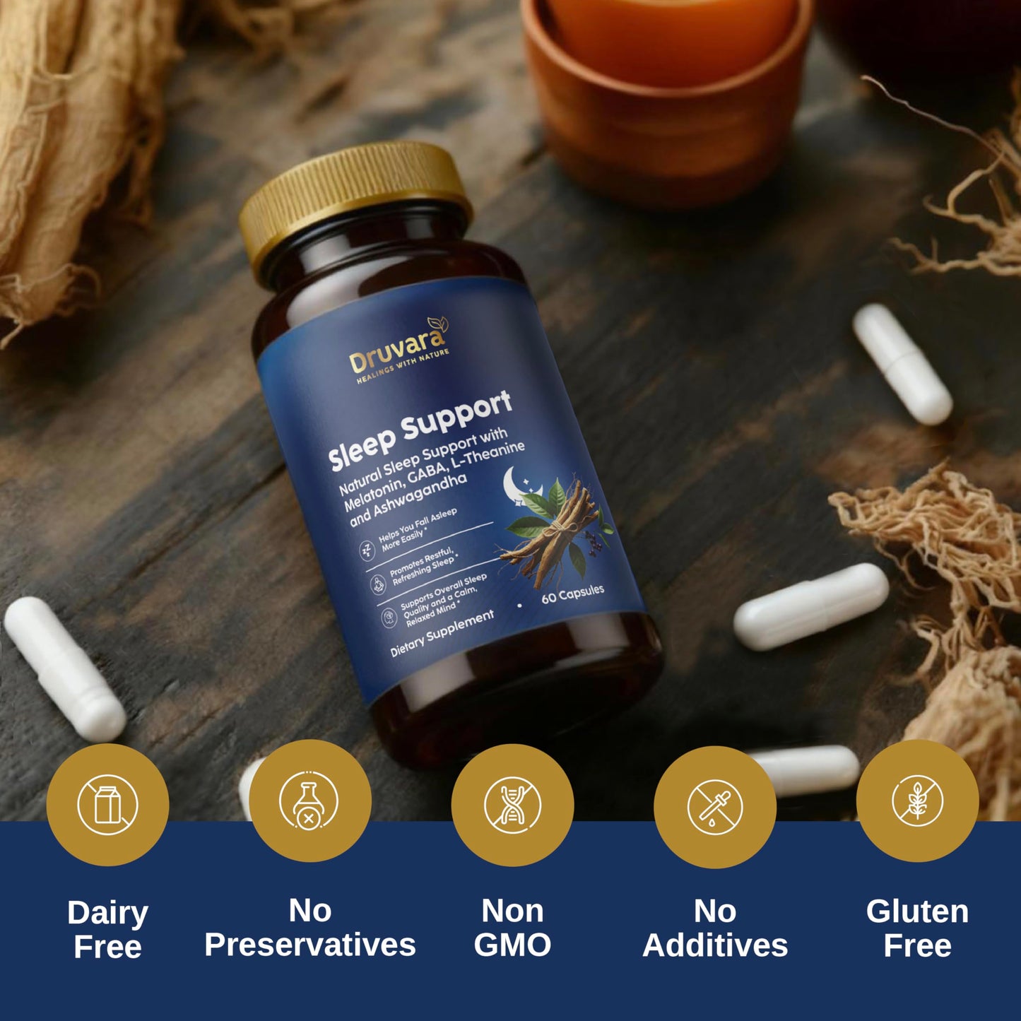 Druvara Natural Sleep Aid for Adults with Melatonin, GABA, L-Theanine & Ashwagandha, 60 Capsules