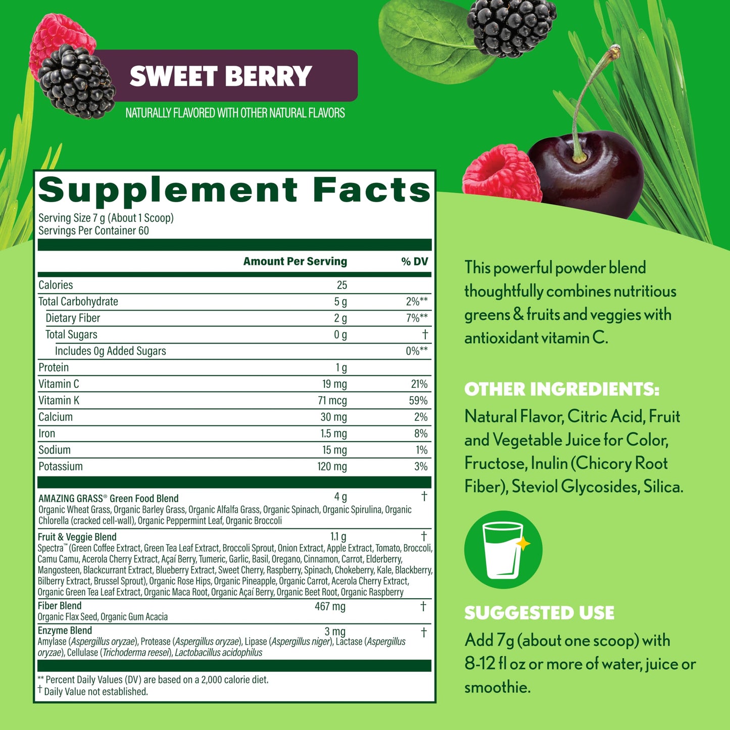 Amazing Grass Super Greens Powder Antioxidant, Organic Greens Blend Powder Superfood, Smoothie Mix with Vitamin C and Vitamin K, Sweet Berry, 60 Servings, 14.8 Ounce
