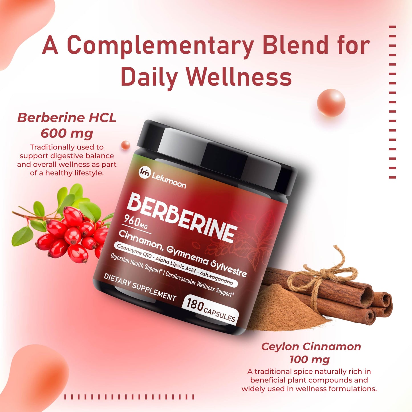LELUMOON Liposomal Berberine with Cinnamon, Gymnema, CoQ10, ALA & Ashwagandha 180 Capsules
