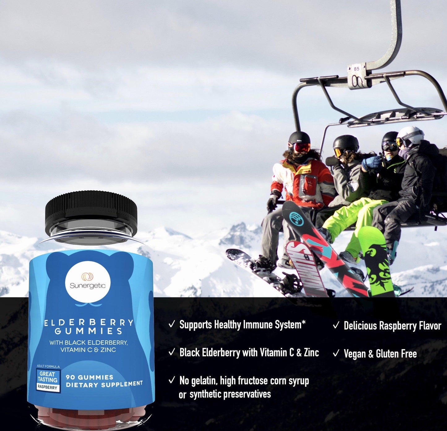 Sunergetic Premium Black Elderberry Gummies with Vitamin C & Zinc, Raspberry Flavored, 90 Gummies