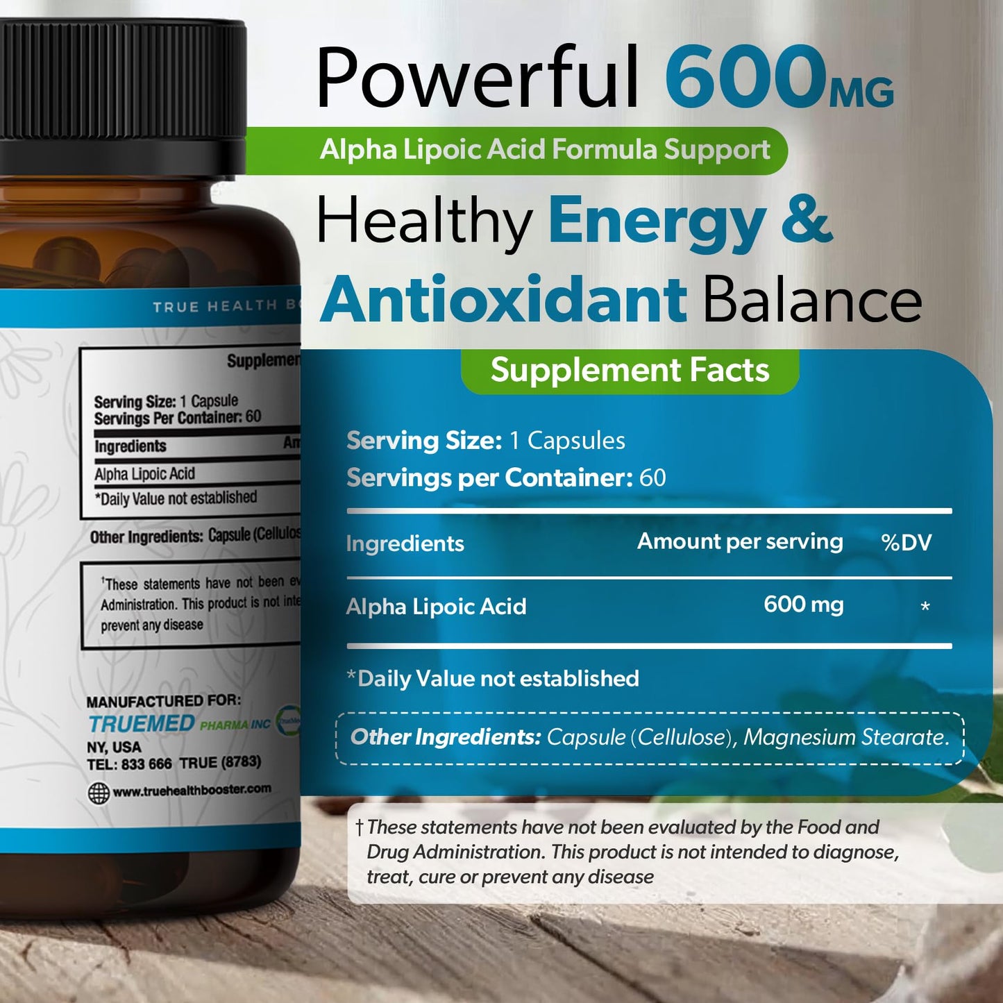 TRUEMED Alpha Lipoic Acid 600mg Capsules, 60 Count