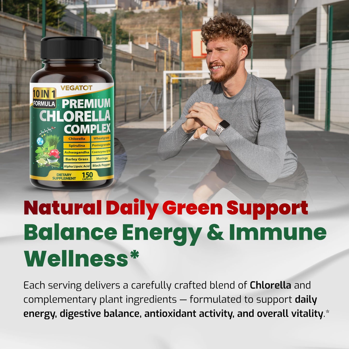 VEGATOT Premium Organic Chlorella Complex 10-in-1 Formula Capsules, 150 Count