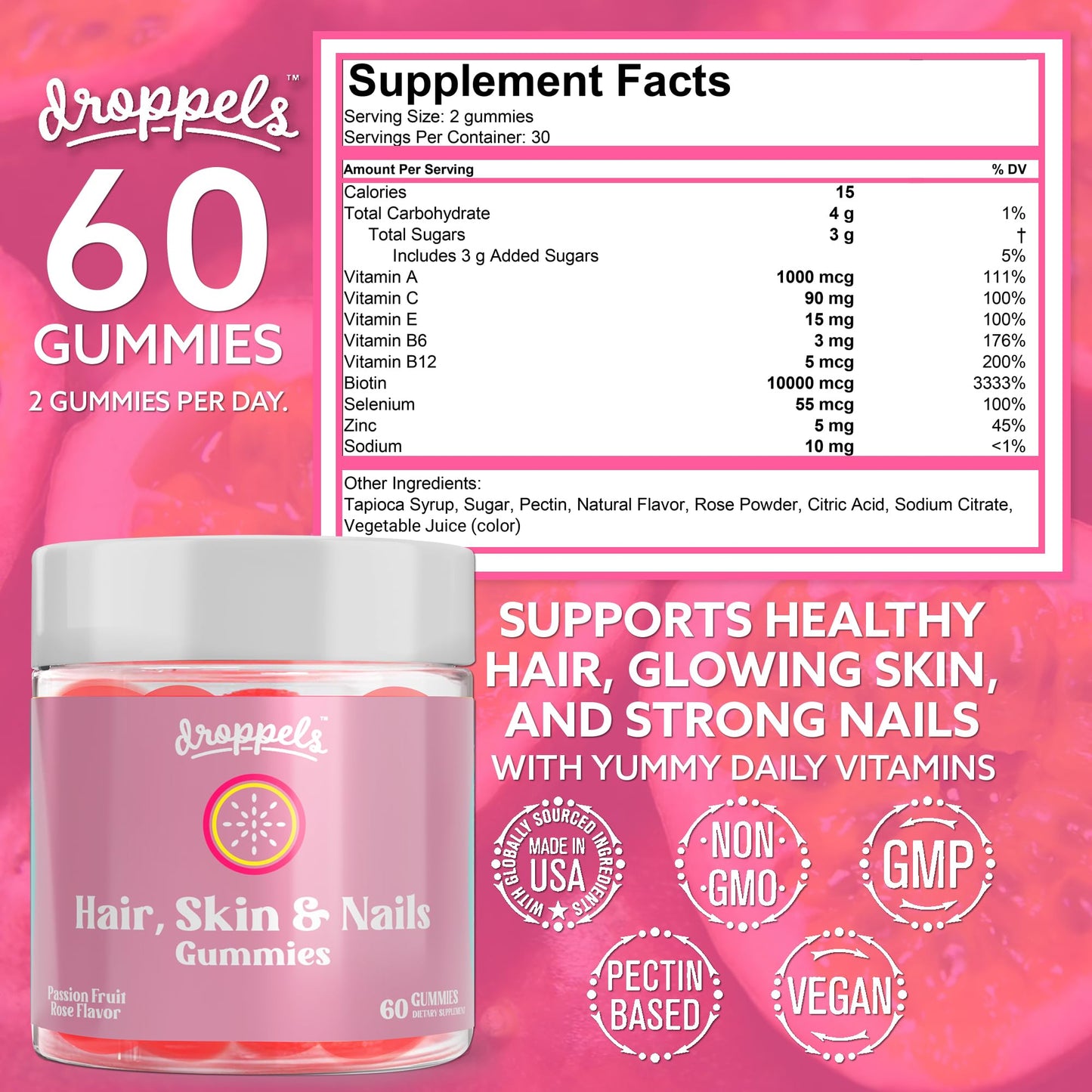 Droppels Hair, Skin and Nails Multivitamin Gummies with Biotin 10,000mcg, Vegan & Pectin-Based, Passion Fruit Rose Flavor, 60 Count