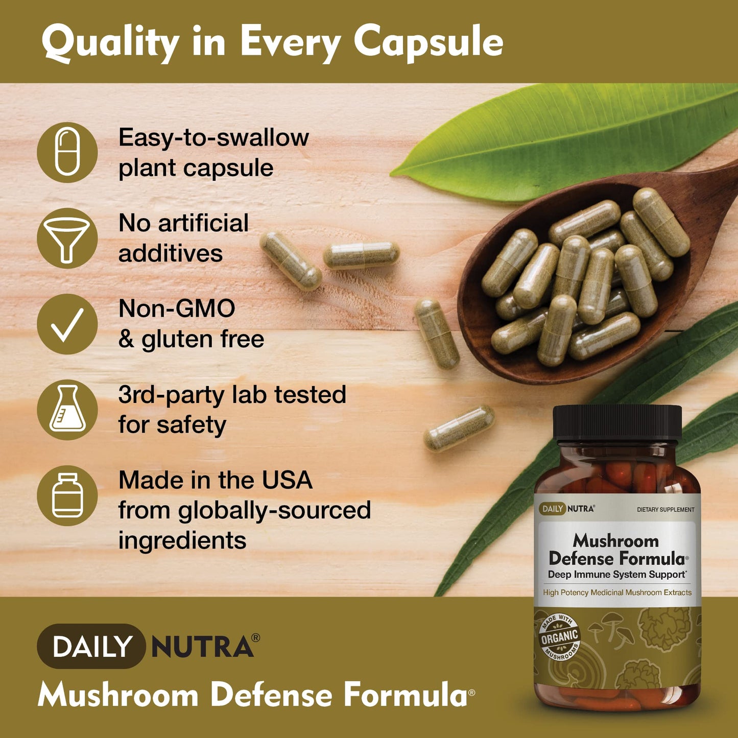 DailyNutra Mushroom Defense Formula Immune Support Supplement with Organic Mushrooms, Hot Water Extracted - Reishi, Chaga, Maitake, Shiitake & Turkey Tail 90 Capsules