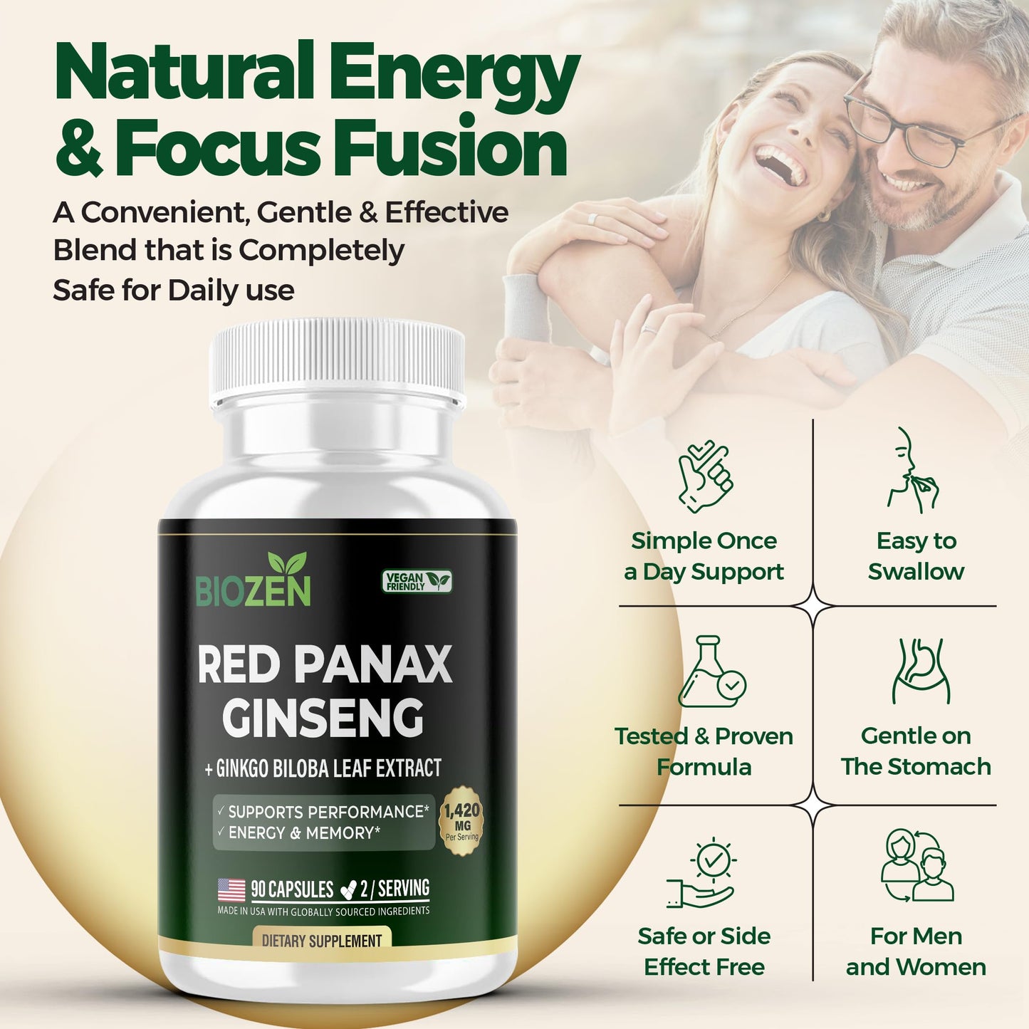 Biozen Korean Red Panax Ginseng + Ginkgo Biloba 1420mg, 90 Capsules