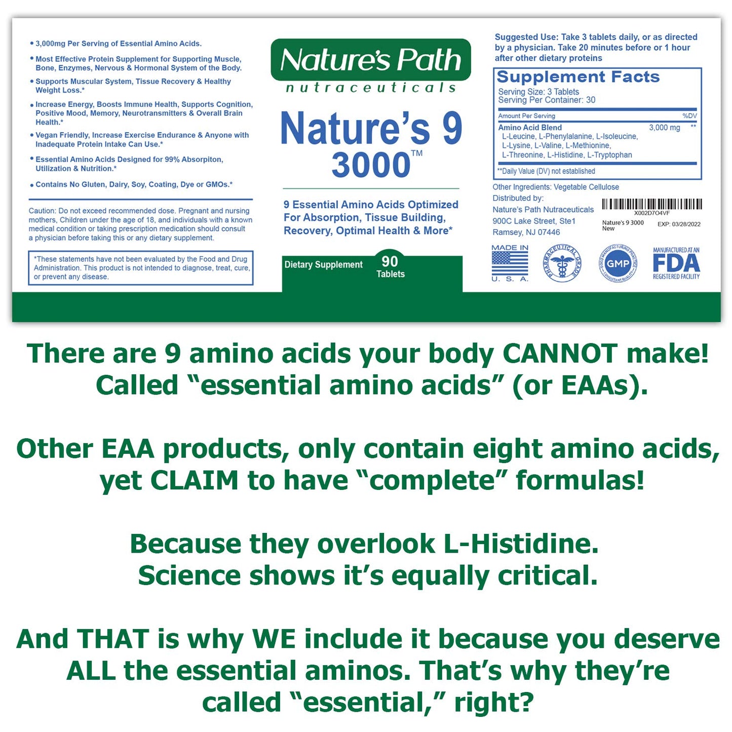 Nature's Path Nutraceuticals Nature's 9 3000 Essential Amino Acids Supplement Capsules 90 Count