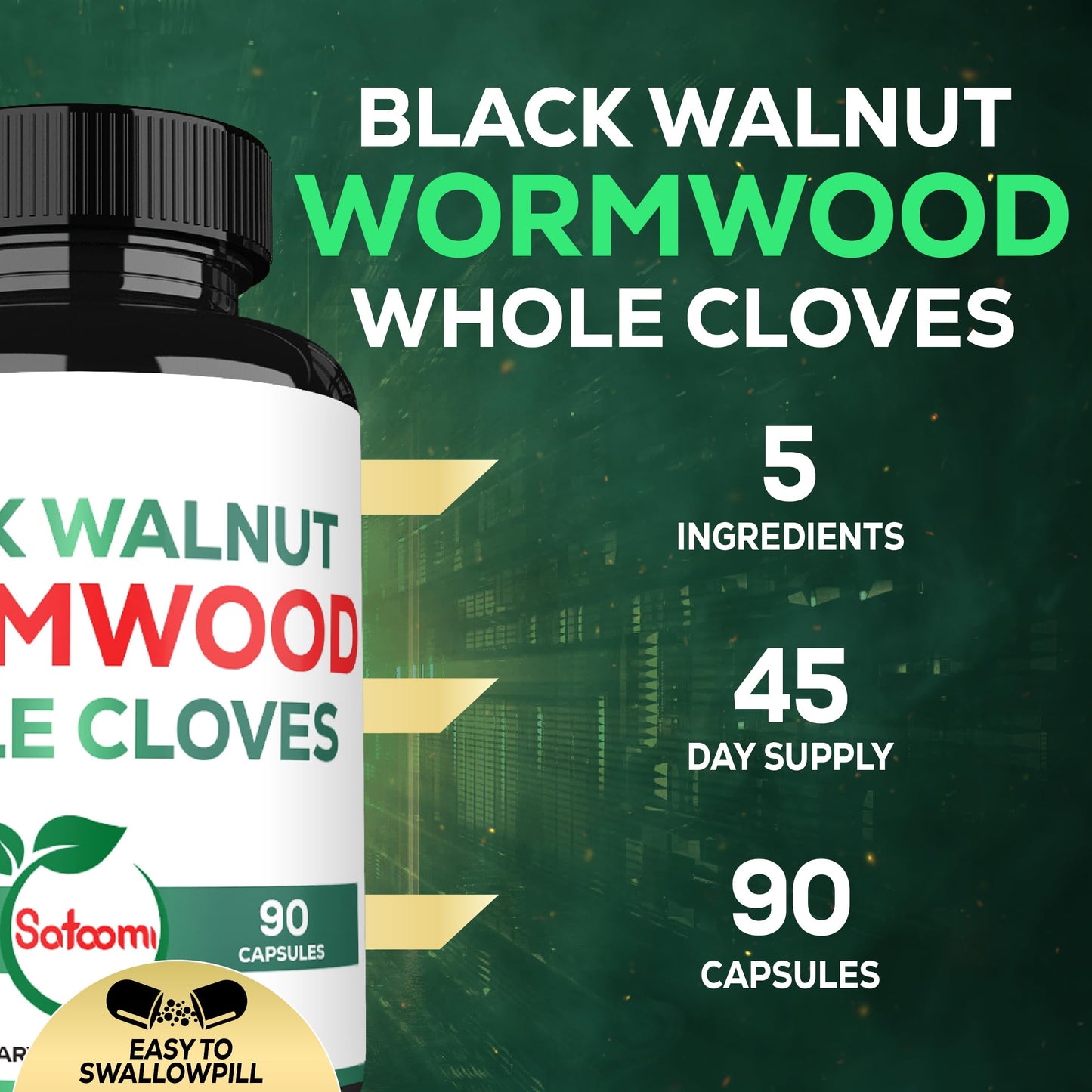 Satoomi 5 in 1 Wormwood Capsules Supplement with Black Walnut, Cloves, Turmeric, and Berberine HCl, 90 Capsules