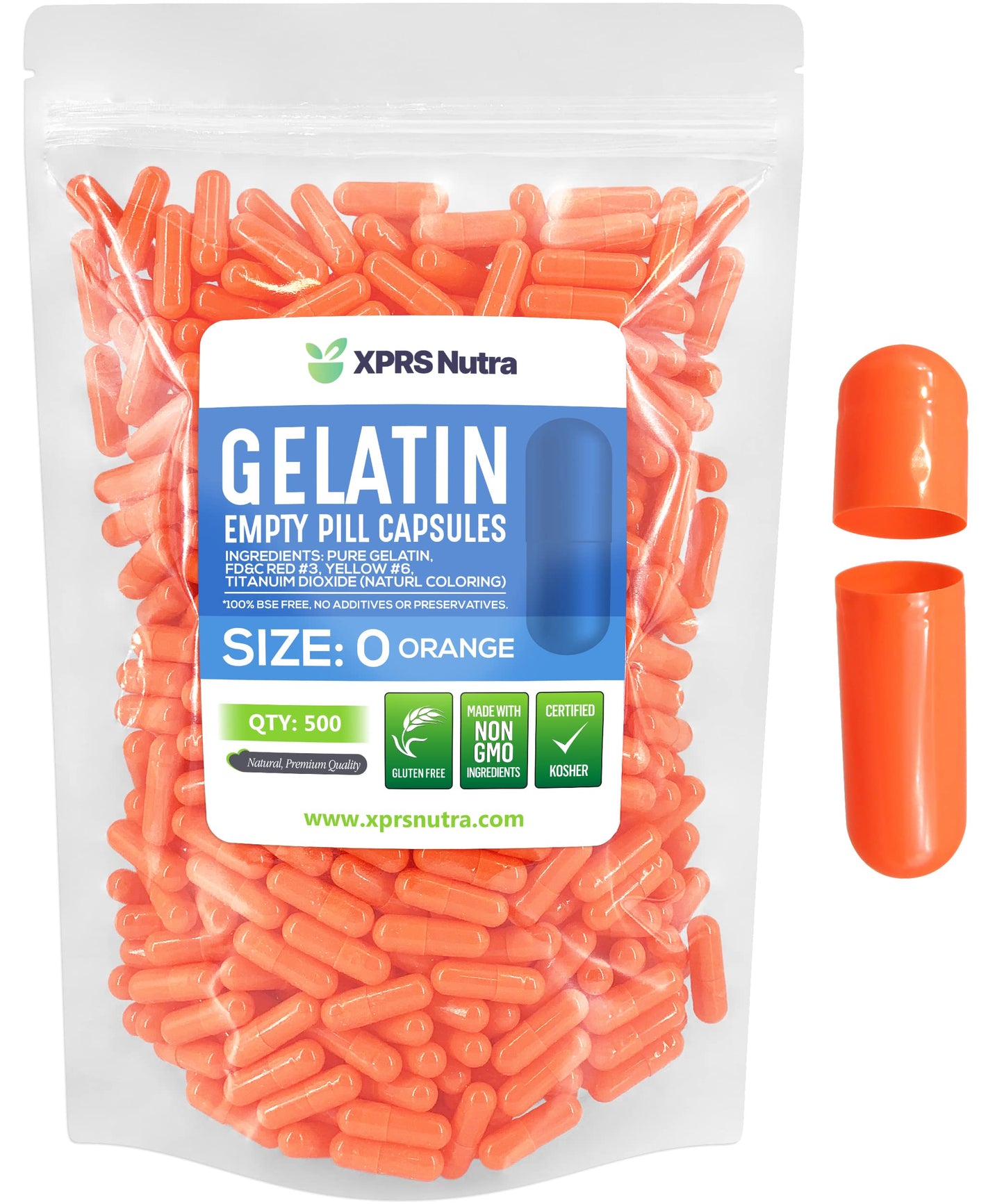 XPRS Nutra Size 0 Empty Gelatin Capsules, 500 Count