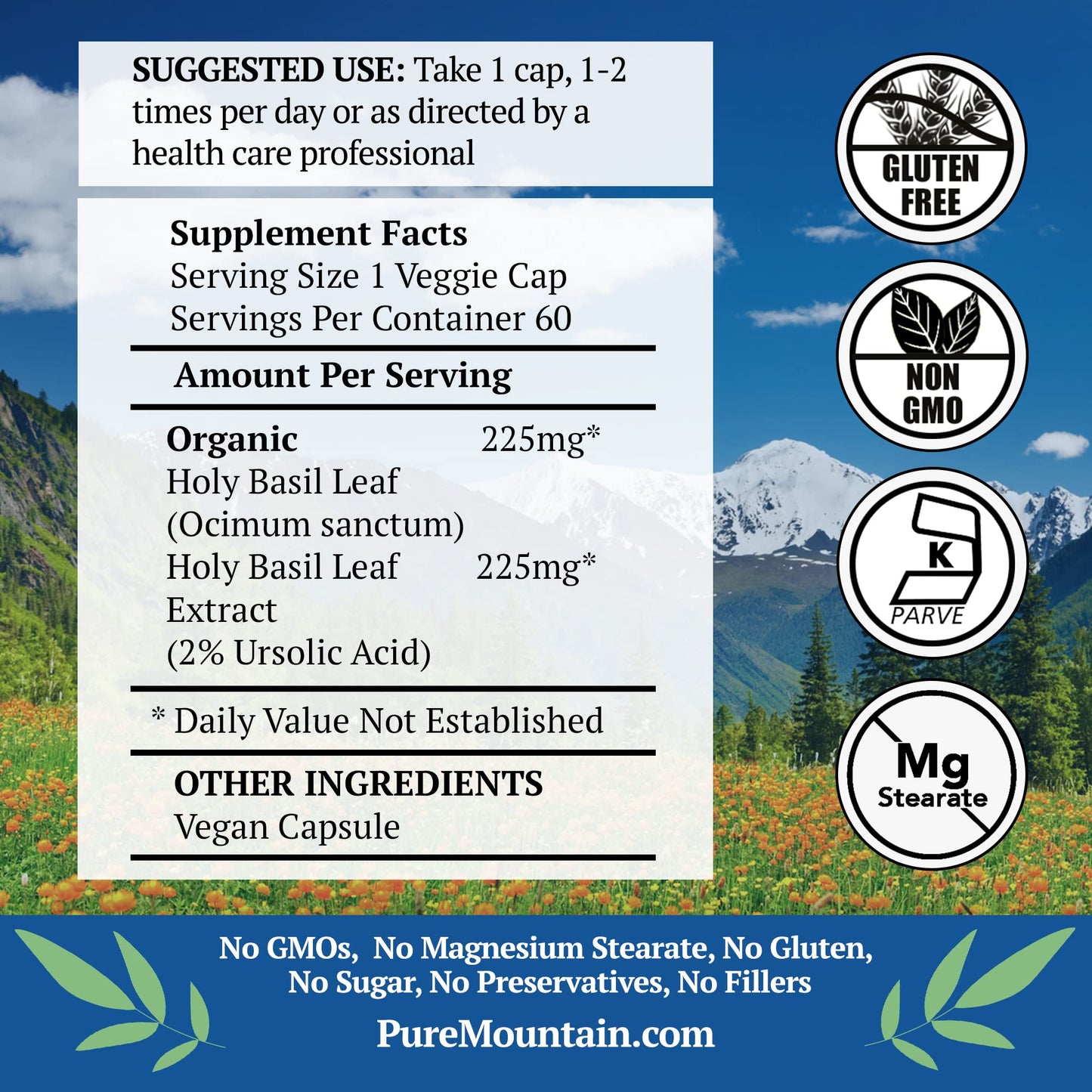 Pure Mountain Botanicals Holy Basil Supplement, 60 Capsules