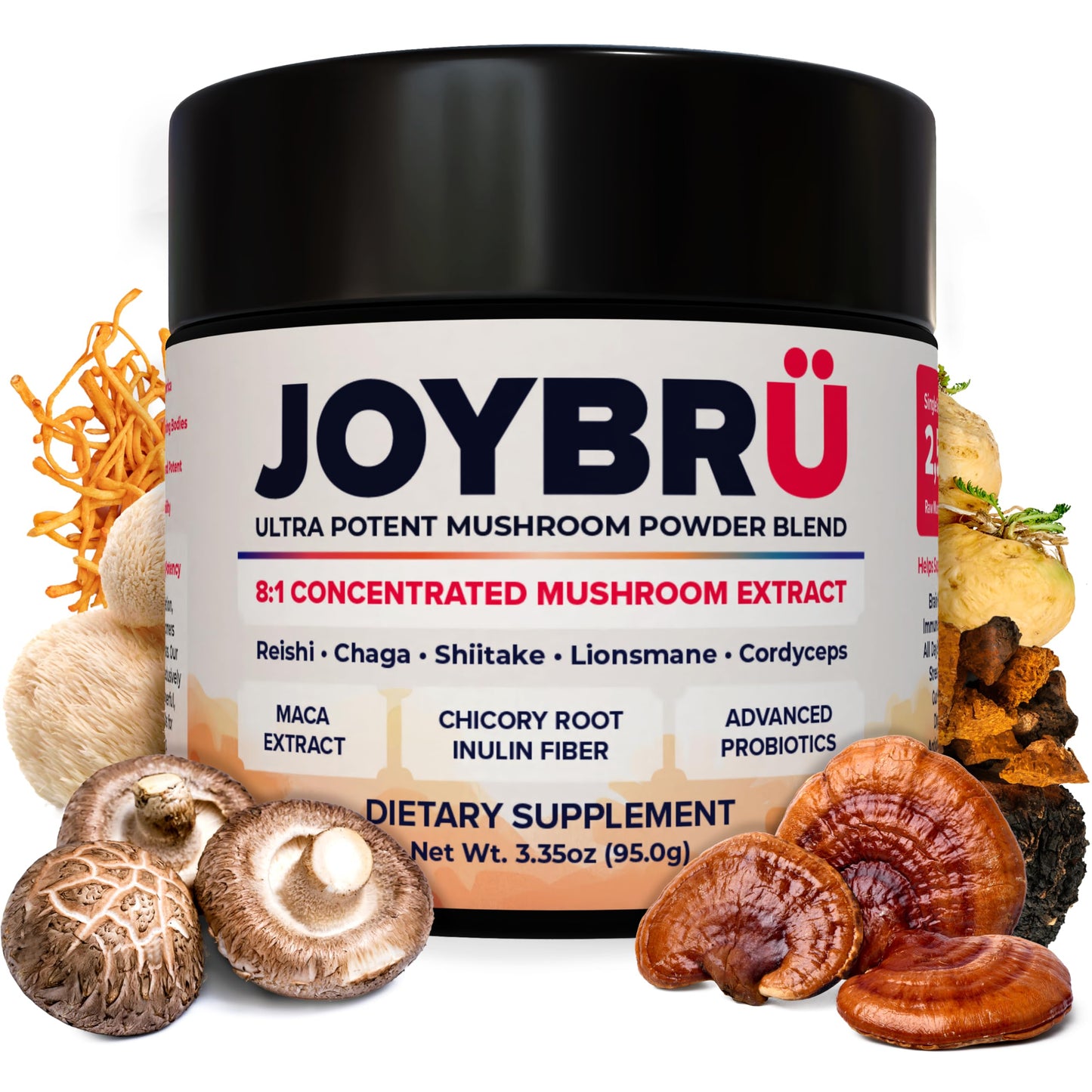 Joybru Ultra Potent Mushroom Powder Blend, 8:1 Extract with Probiotics, Reishi, Chaga, Shiitake, Lion's Mane, Cordyceps, Maca, 3.35 oz