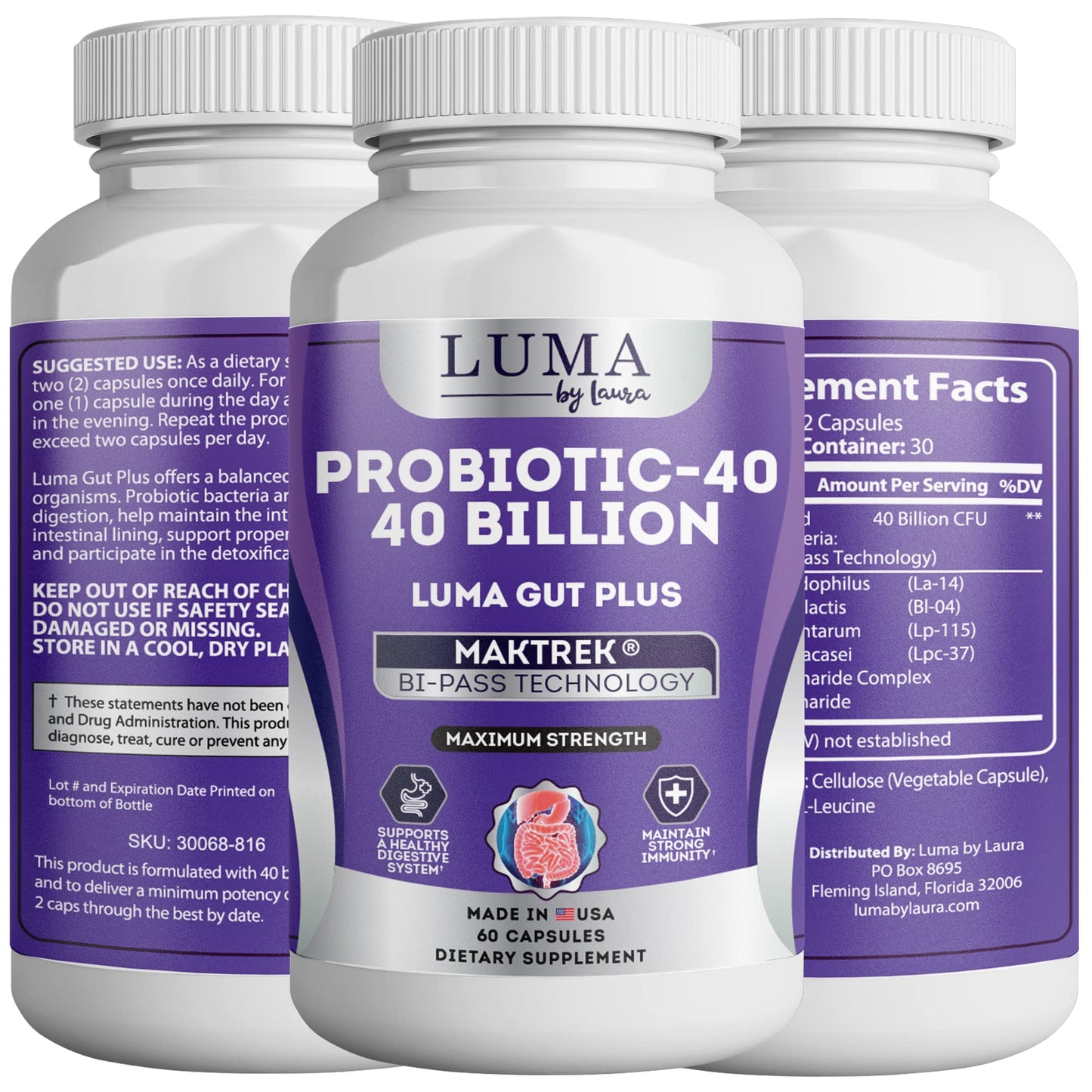 Luma By Laura Adult Probiotics 40 Billion CFU for Stomach Acid Resistant - Maximum Potency for Gut Health & Immune Support - No Dairy, Gluten, Wheat, Yeast - 60 Veggie Capsules