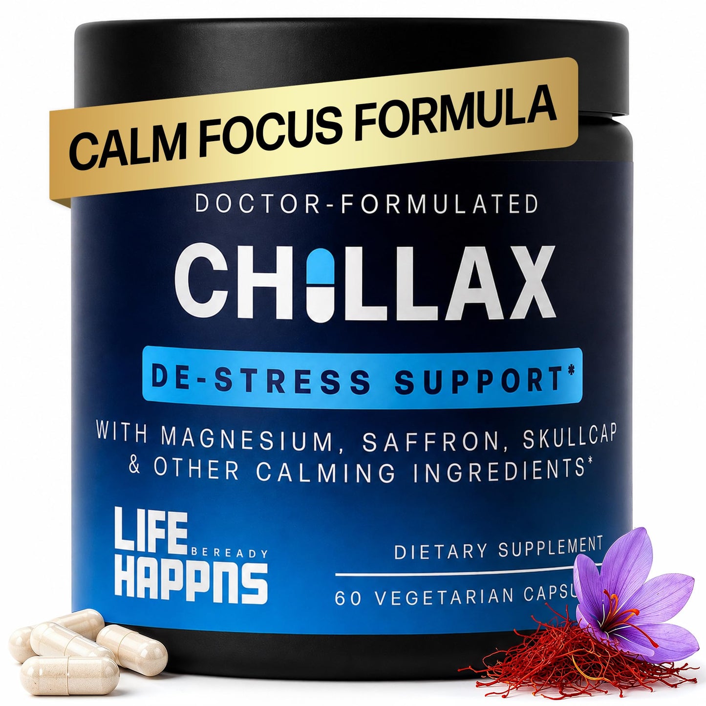 LIFE HAPPNS BE READY Calm & Mood Support Supplement with Saffron, L-Theanine, Magnesium Glycinate & Skullcap, Capsules, 60 Count