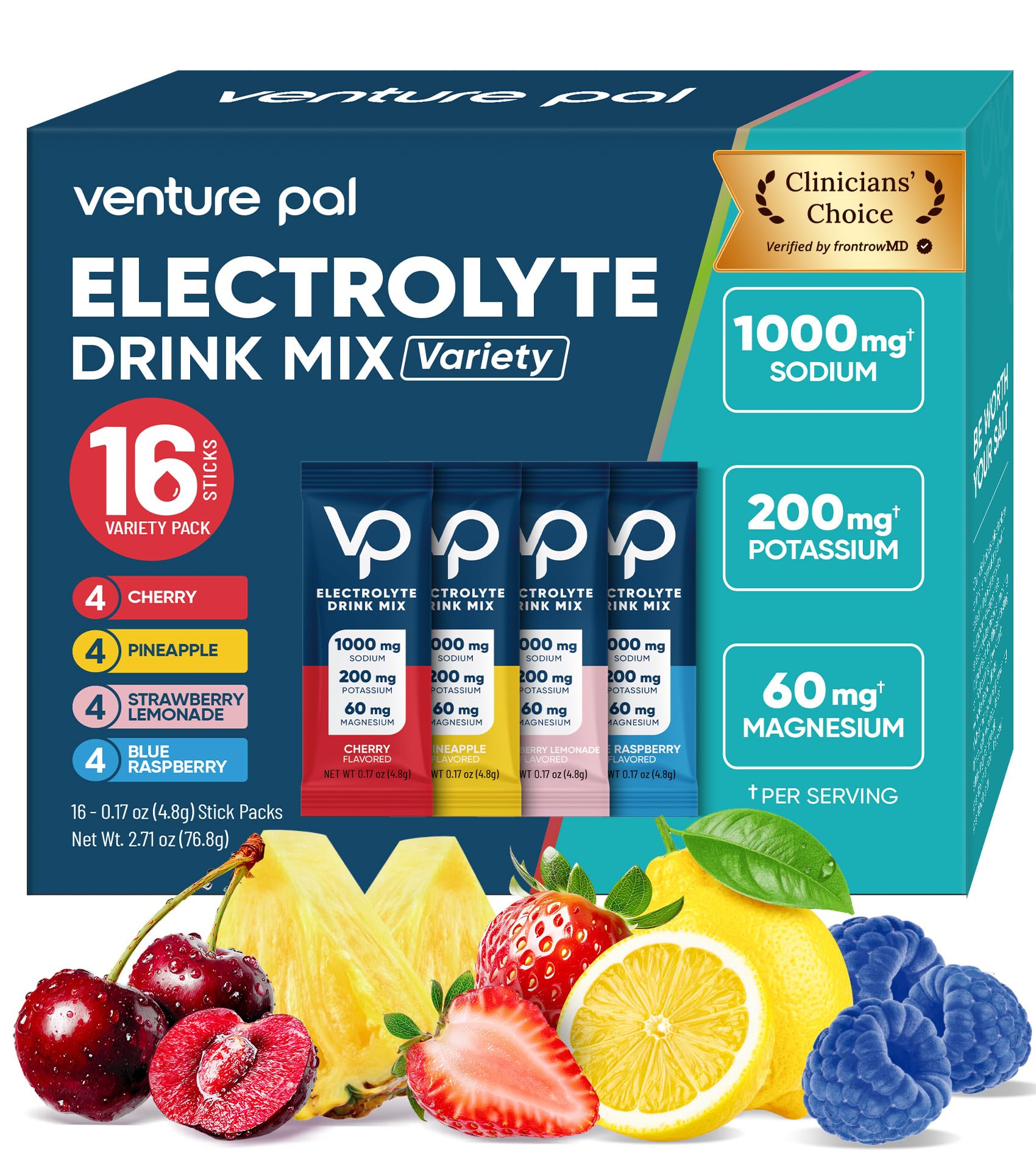 Venture Pal High Sodium Sugar Free Electrolytes Powder, 16 Count