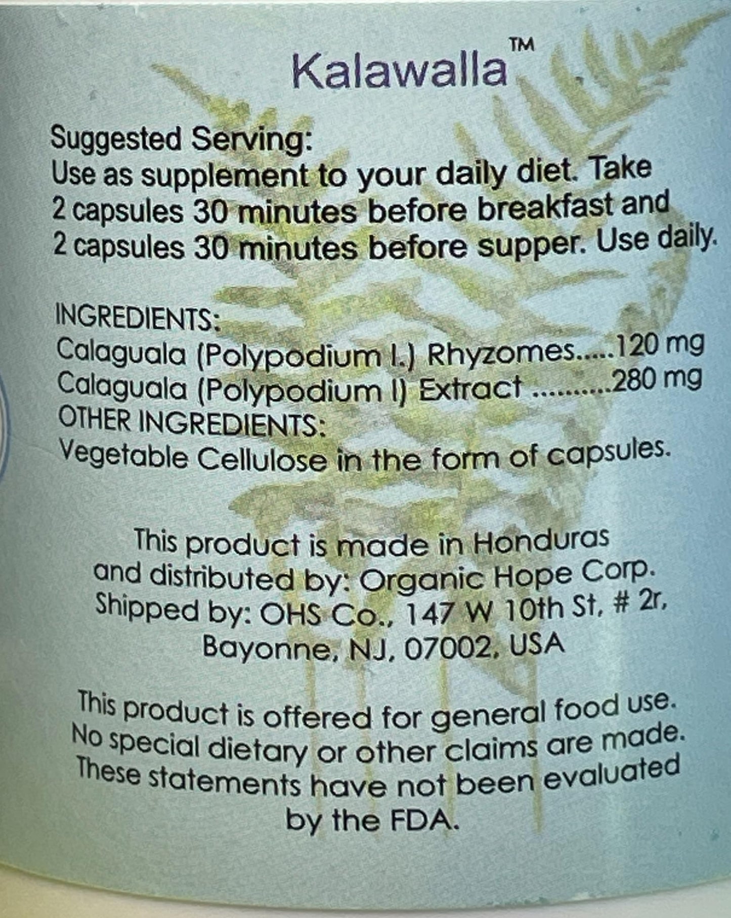 Kalawalla Organic Hope with Polypodium Leucotomos for Immune System Support, Highest Potency 50:1 Extract Ratio 400mg, Capsule, 360 Capsules