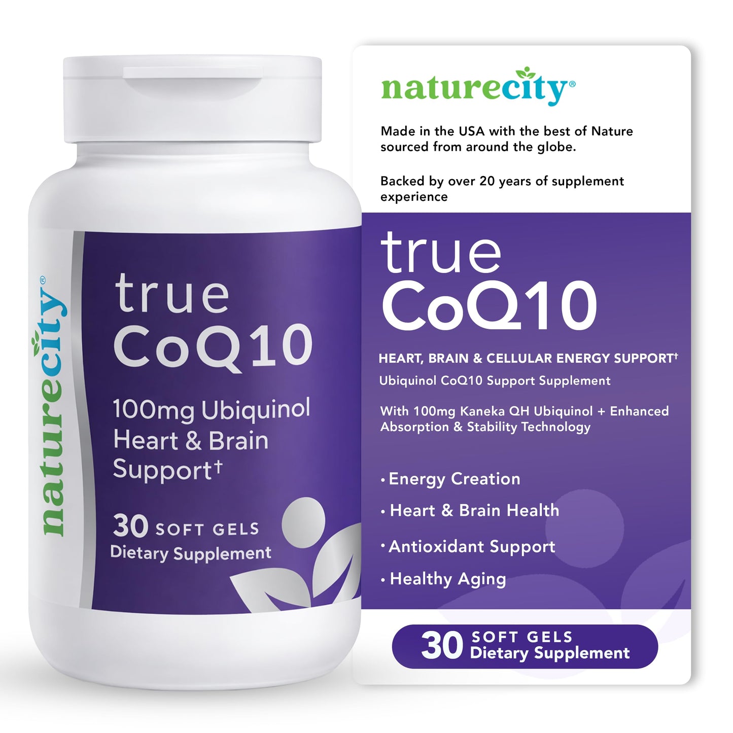 NatureCity True-CoQ10 Ubiquinol 100mg Highly Absorbable and Stabilized Kaneka QH CoQ10 Heart, Brain and Cellular Energy Supplement Softgels 30