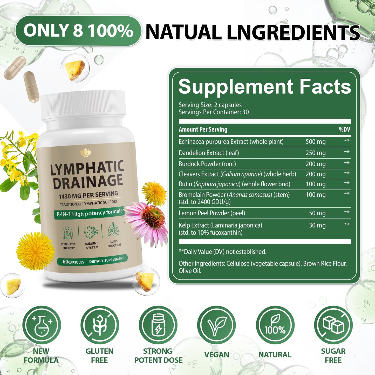 Pikeda Lymphatic Drainage Supplement – Natural Herbal Support for Bloating, Immune Health, Daily Fluid Balance & Lymphatic Wellness, with Echinacea, Dandelion & Burdock Capsules, 60 Count