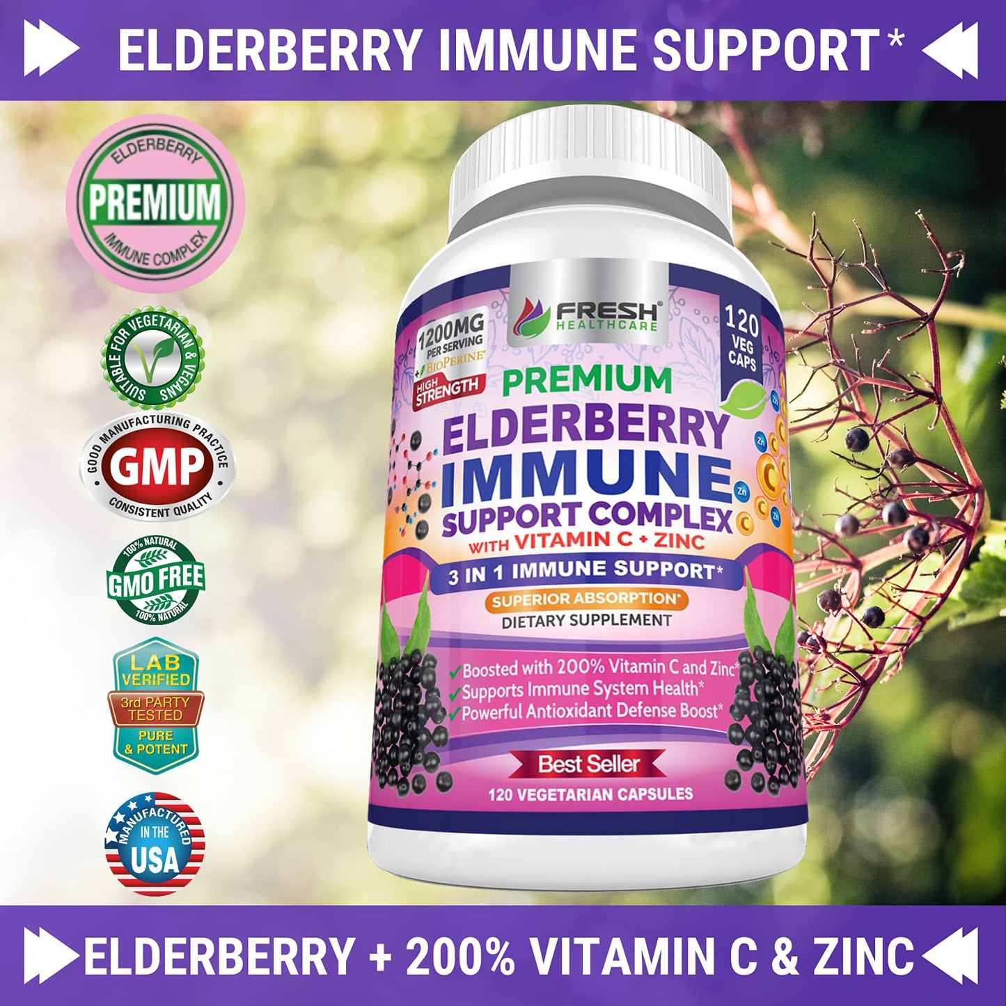FRESH HEALTHCARE Elderberry Capsules High Potency Black Elderberry with Zinc & Vitamin C, 120 Capsules