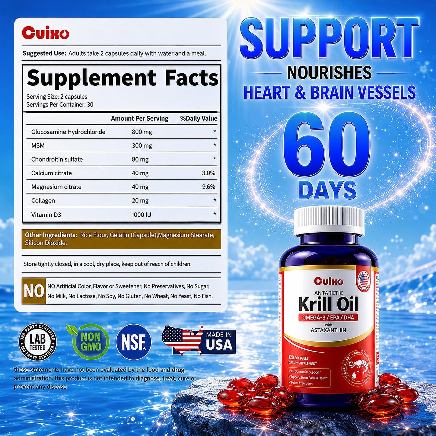 CUIXO Antarctic Krill Oil 1000 mg Omega-3 EPA DHA High Absorption Softgels 120