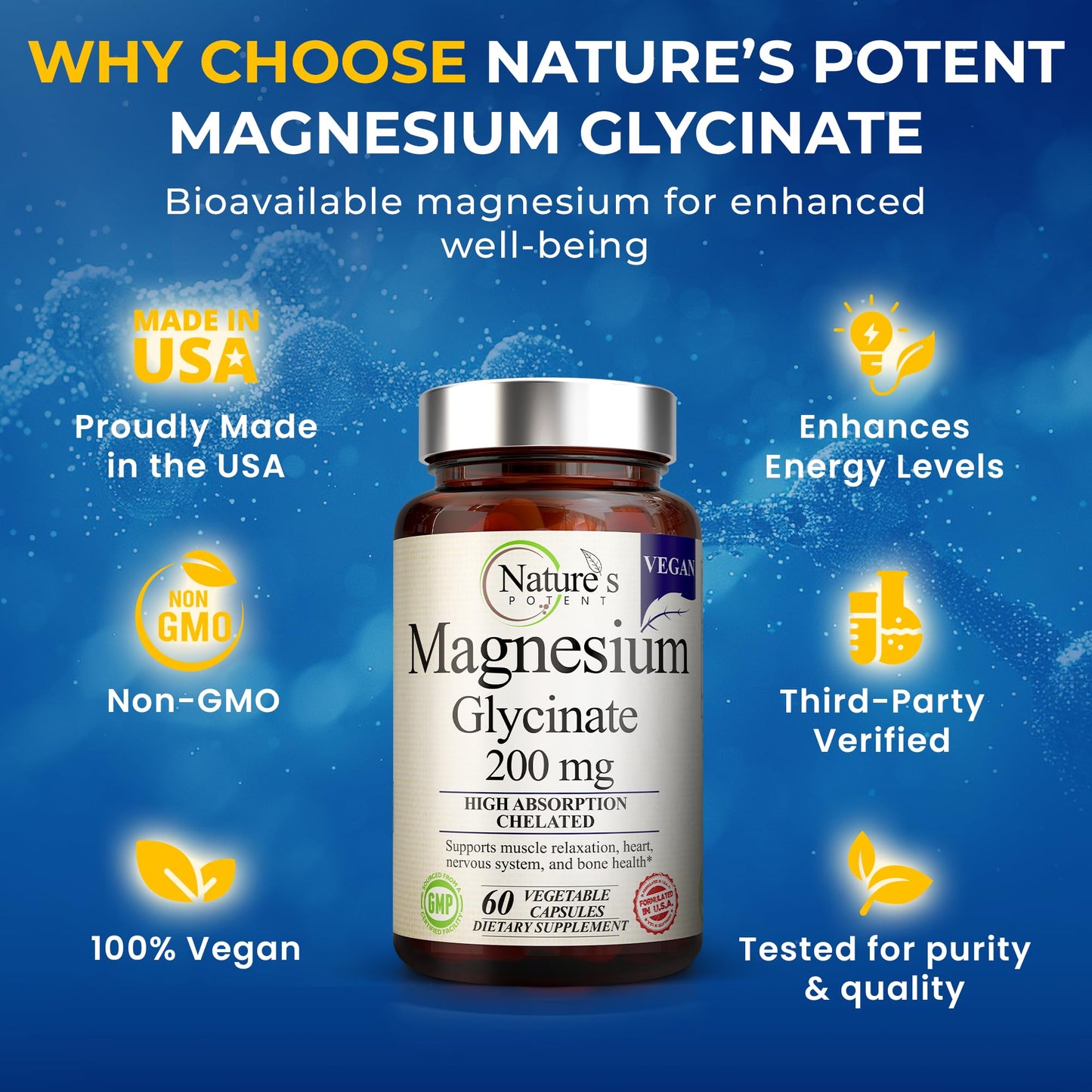 Nature's Potent Magnesium Glycinate 200mg Capsule, 60 Capsules