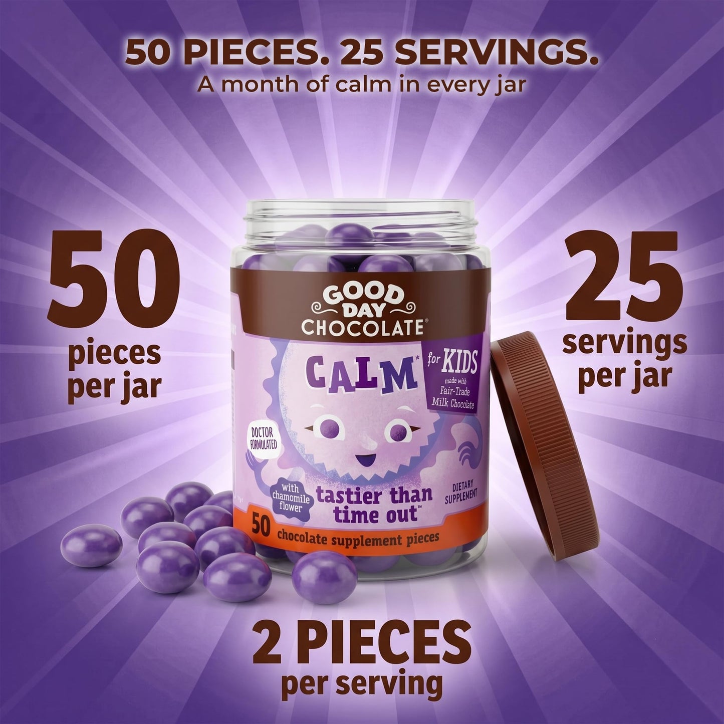 Good Day Chocolate Natural Calming Supplement for Kids, Blend of Camomile, L-Theanine, Fair Trade and Non-GMO Chocolate Gummy, 50 Gummies