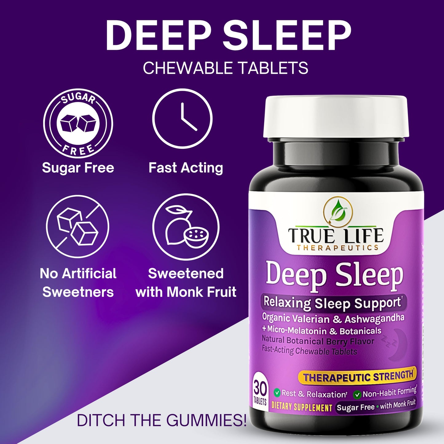 True Life Therapeutics Powerful Sleep Support with Valerian Root, Ashwagandha, Melatonin & Botanical Terpenes Chewable Tablets, 30 Count