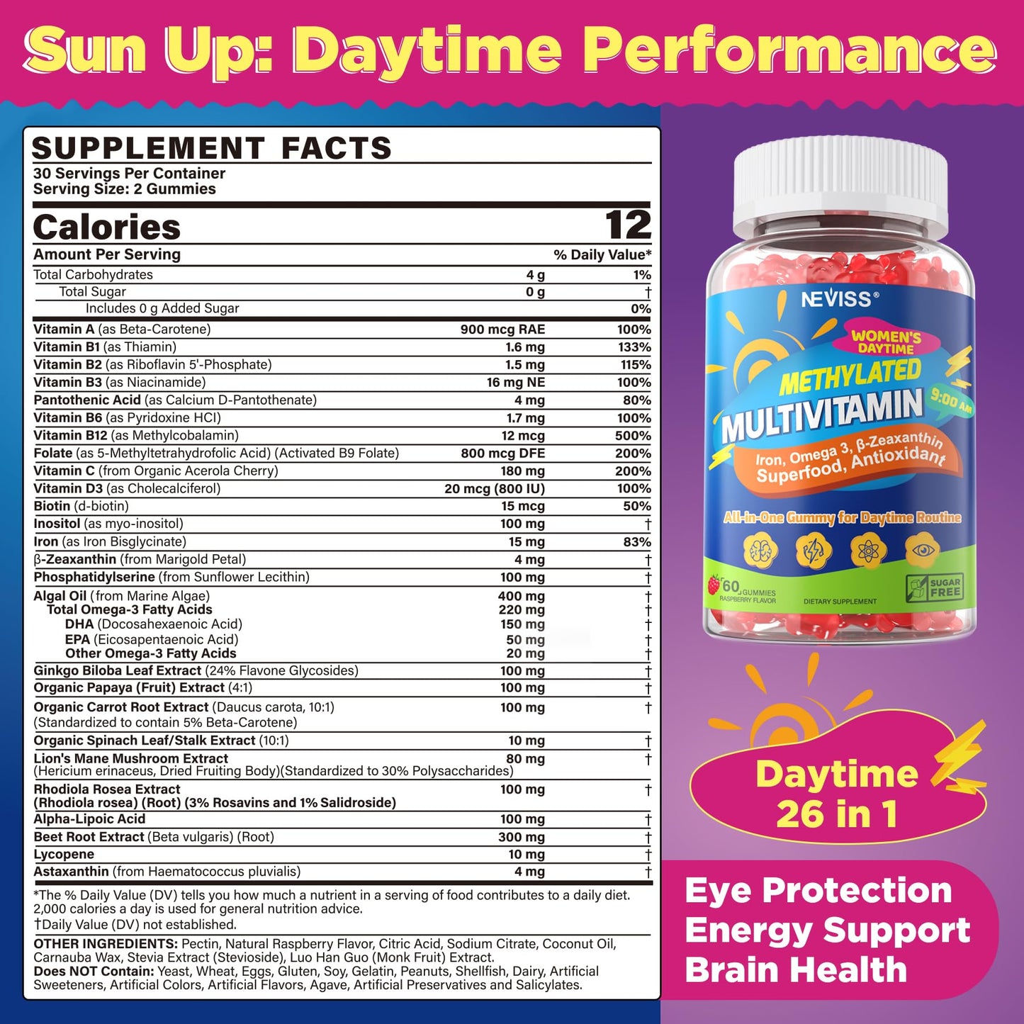 NEVISS Methylated Multivitamin Gummies for Women, Bariatric Multivitamin with Iron, Omega-3, B6, Folate, B12, Inositol, Daily Vitamin Gummy ALA Beet Root Astaxanthin, 60 Gummies