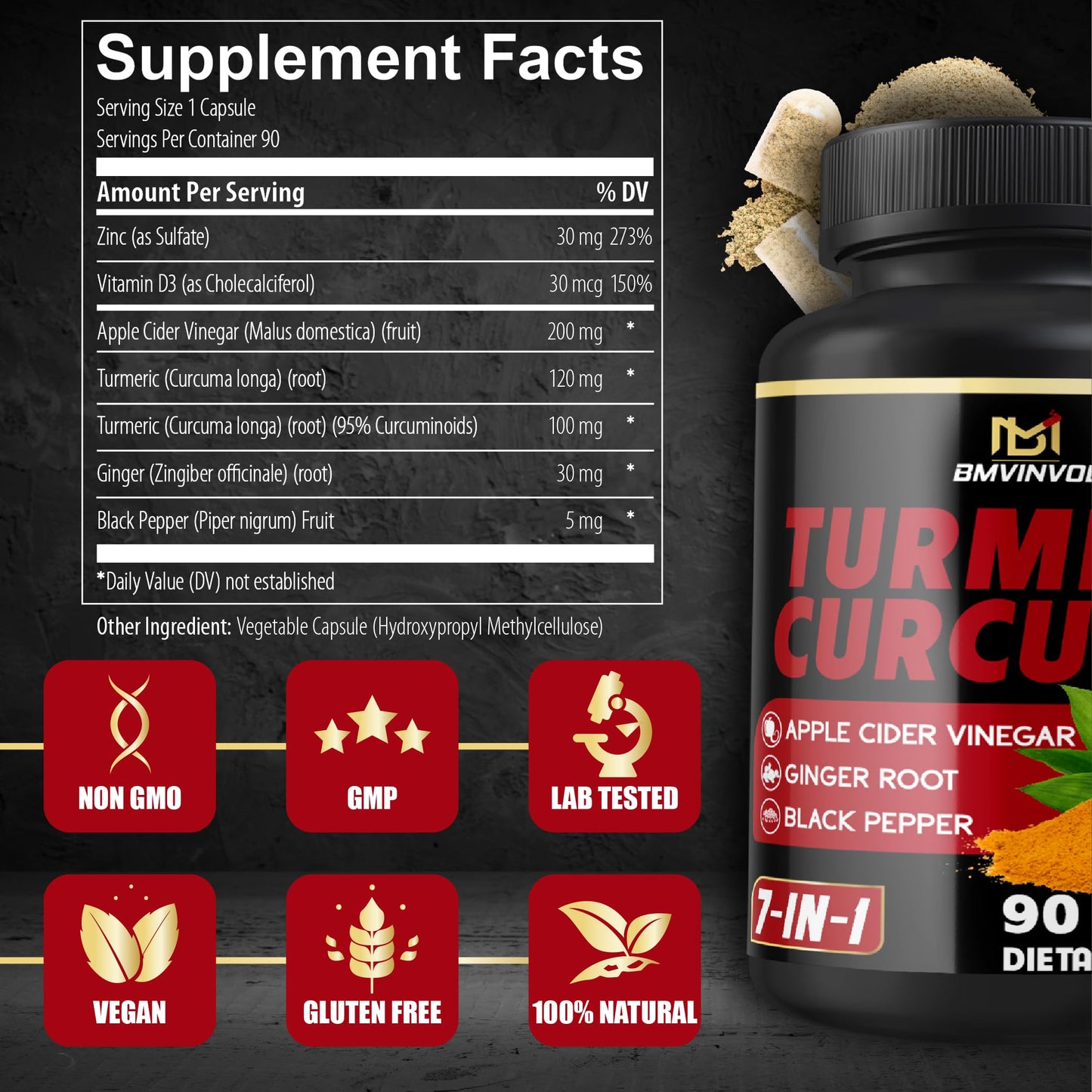 BMVINVOL Turmeric Curcumin Supplement Capsules, 90 Count