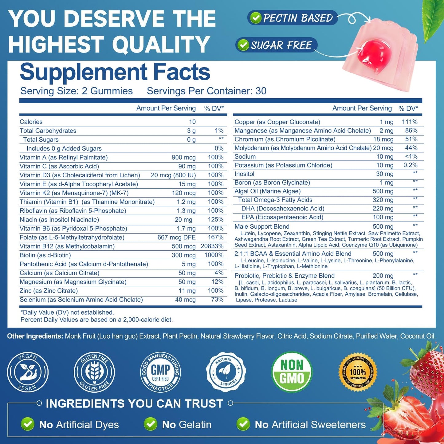 Totaria Sugar Free Men's Multivitamin Gummies with Omega-3, Probiotics, Methylated B Complex, BCAA, Lycopene, Zinc, 120-Count