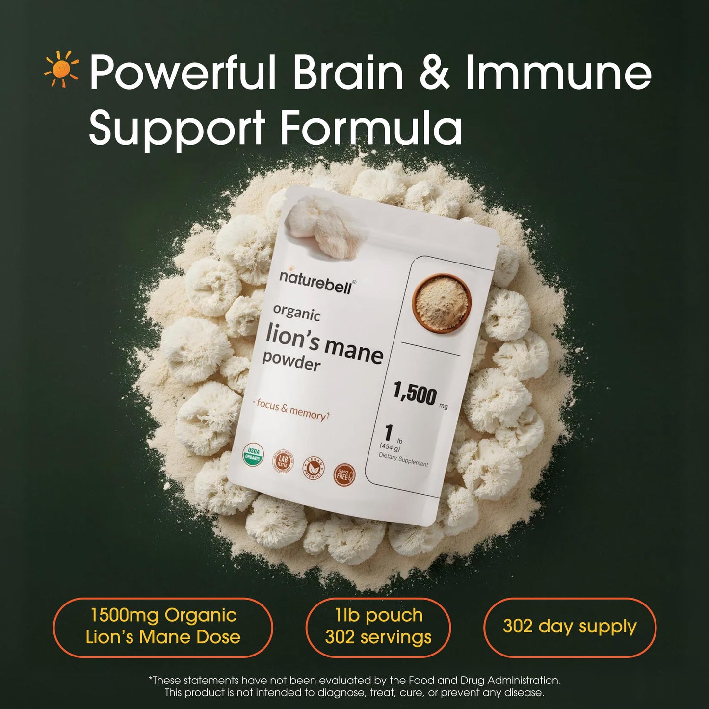 NatureBell Organic Lion's Mane Powder 1,500mg, 1 lb, 1 Pack