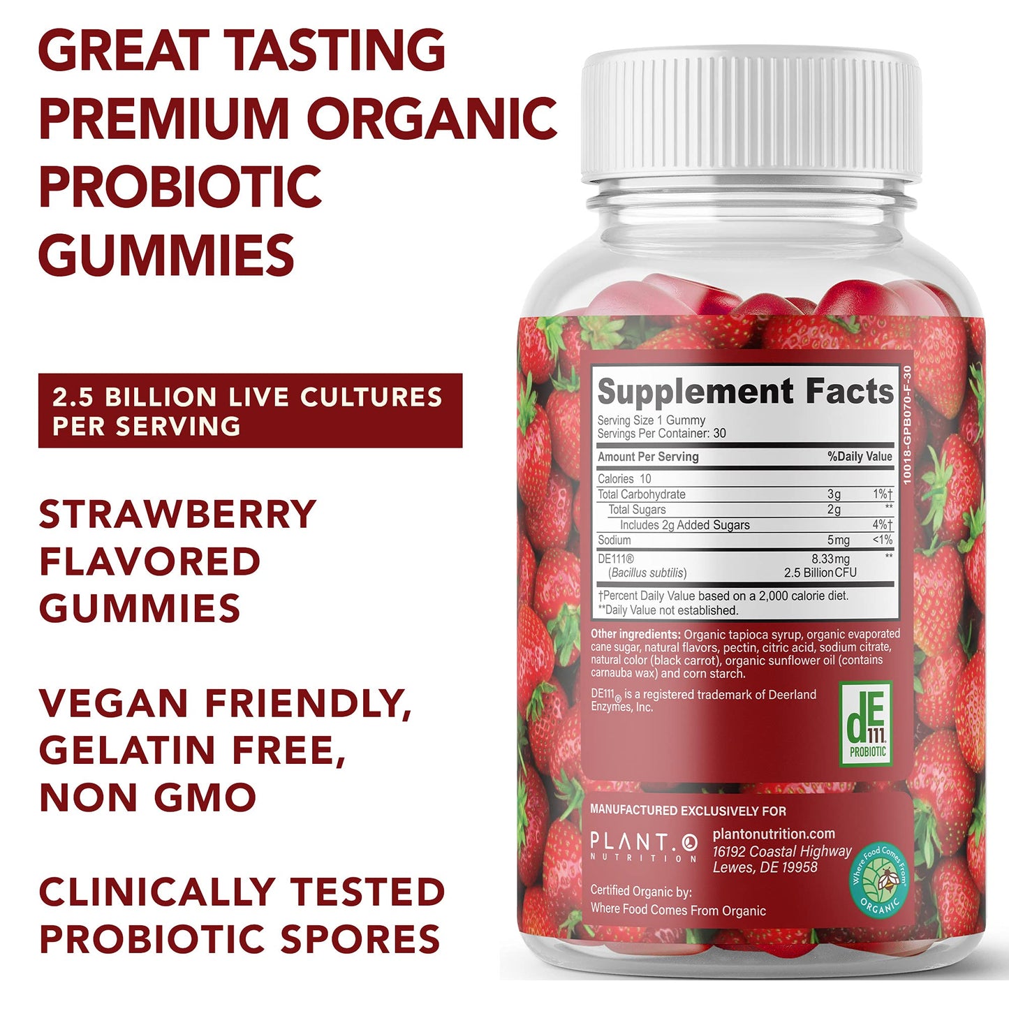 PLANT.O NUTRITION Organic Probiotic Gummies 5 Billion CFUs, 30 Gummies