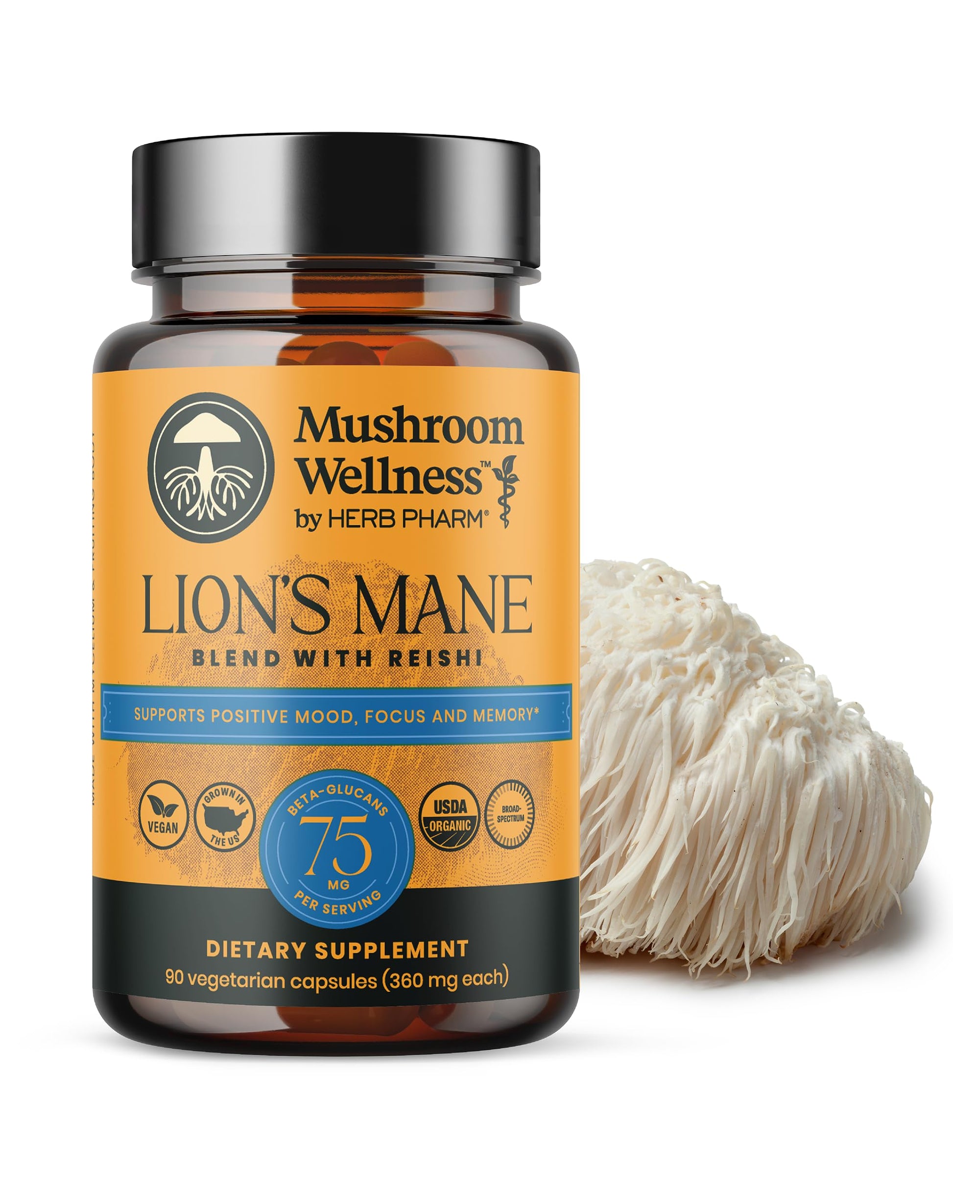Herb Pharm Mushroom Wellness Lion’s Mane Blend with Reishi Capsules, 90 Capsules