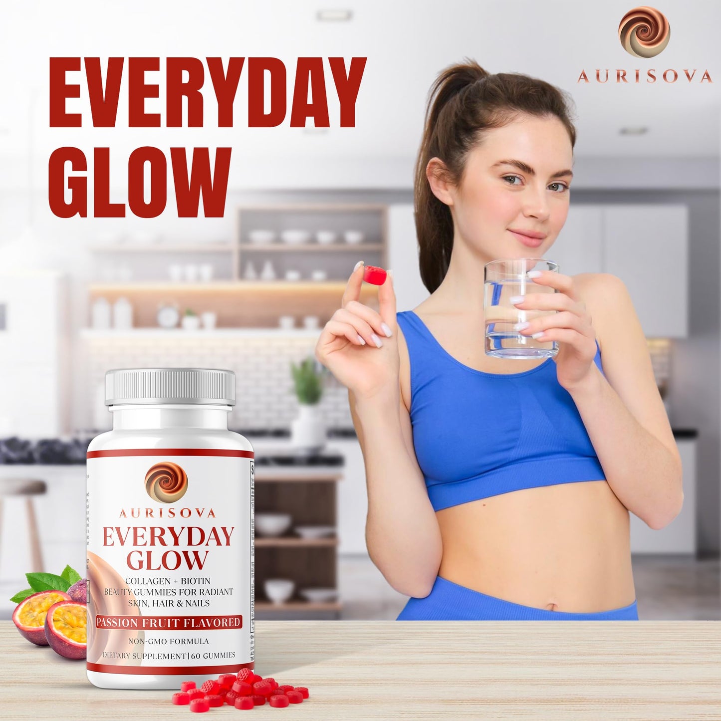 Aurisova Everyday Glow Biotin 6000mcg & Marine Collagen Gummies, 60 Count