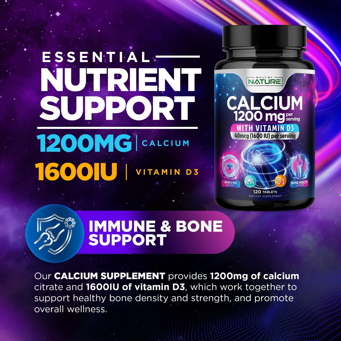 Built by Nature Calcium 1200mg with Vitamin D3 for Best Absorption, 120 Tablets