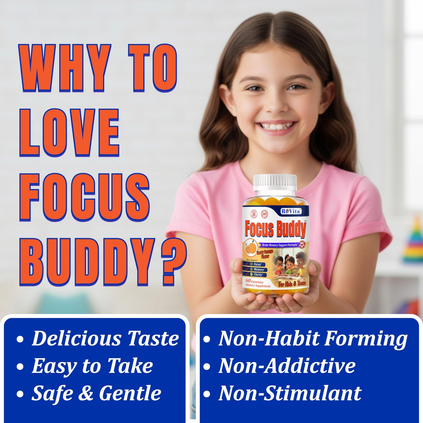 ROVita Focus Buddy Kids Focus and Attention Supplements Gummy, 60 Gummies