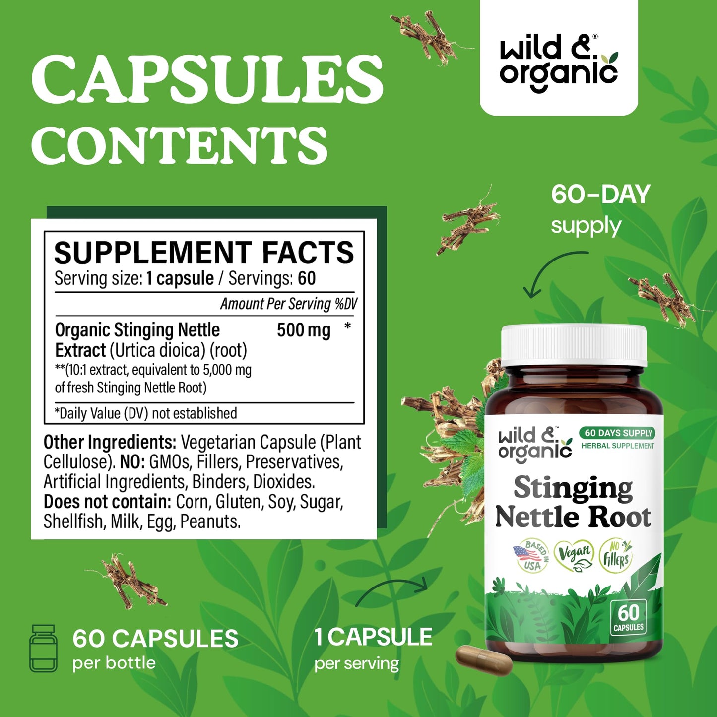 Wild & Organic Stinging Nettle Root 60 Capsules