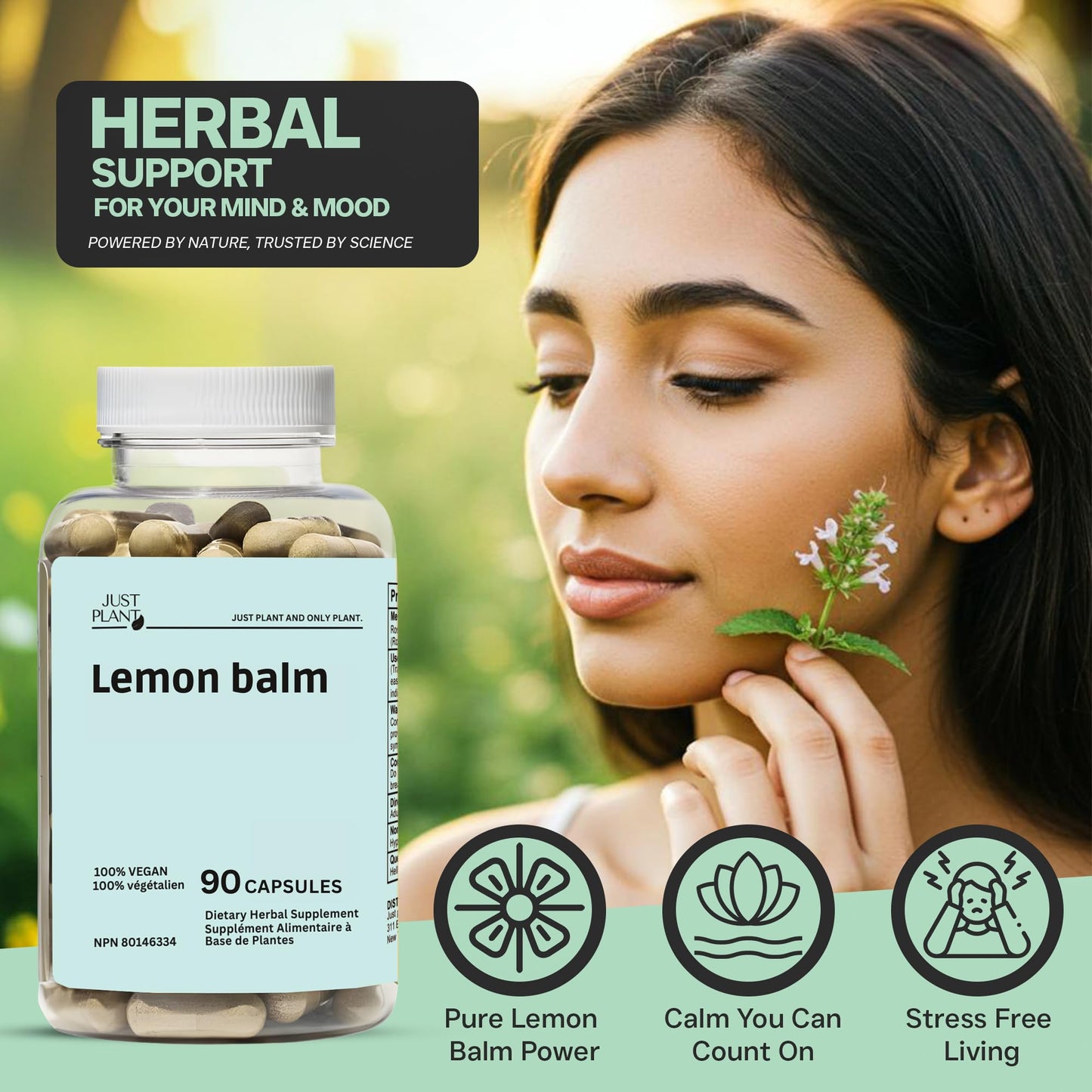 Just Plant Lemon Balm 750 mg Capsule, 90 Count