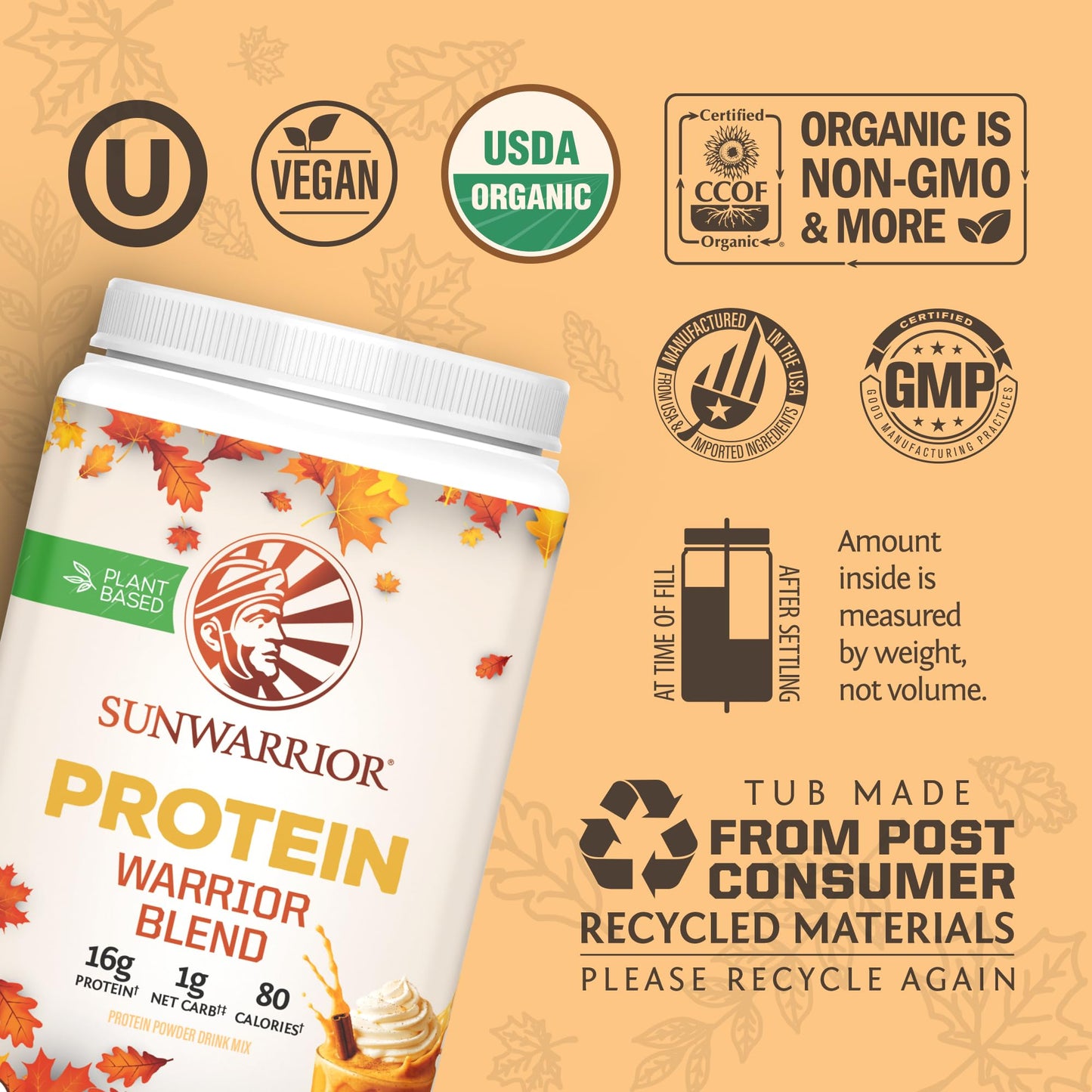 Sunwarrior Vegan Protein Powder Plant-Based USDA Organic Pumpkin Spice, 30 Servings