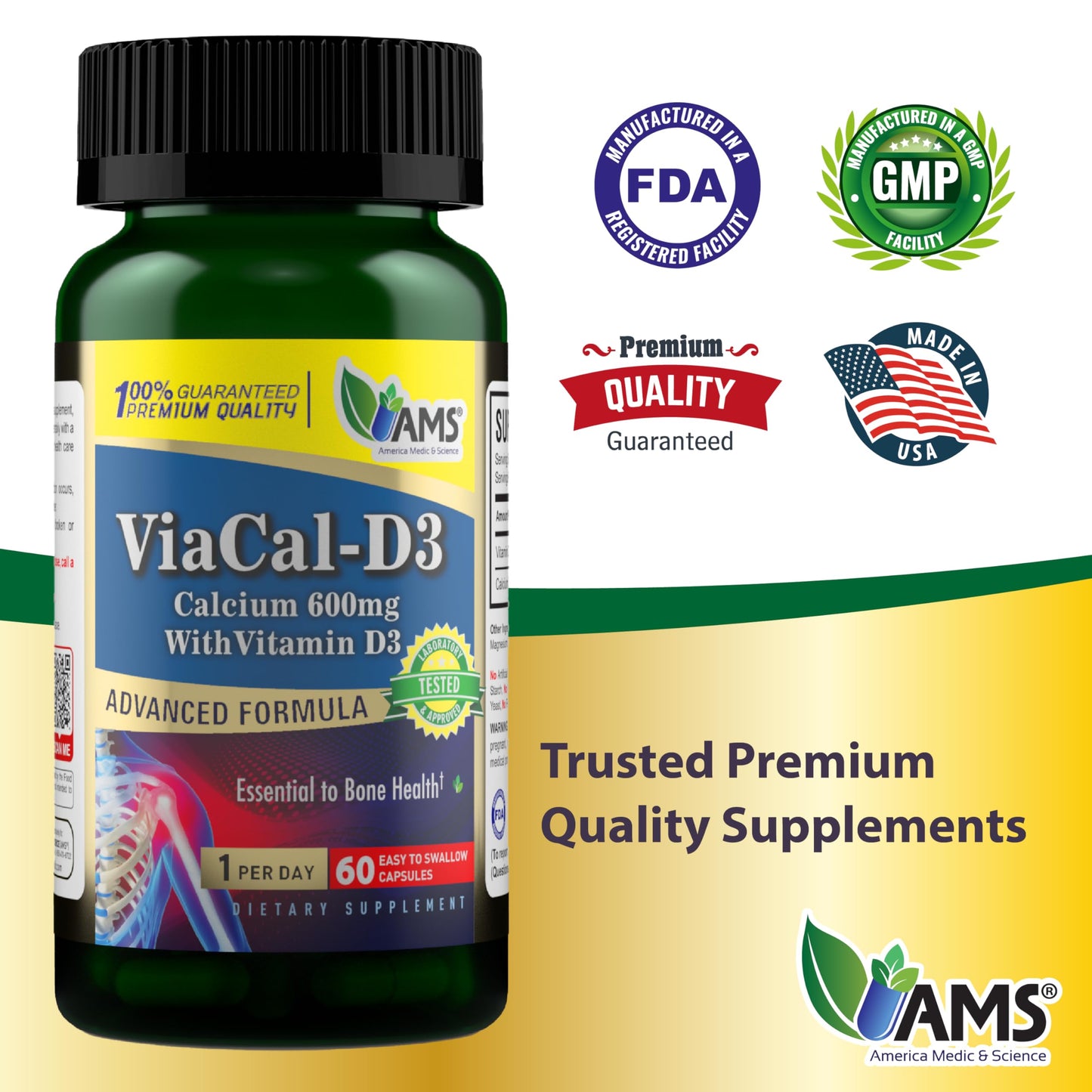 America Medic & Science ViaCal-D3 Calcium 600mg with Vitamin D3 Capsule, 60 Capsules